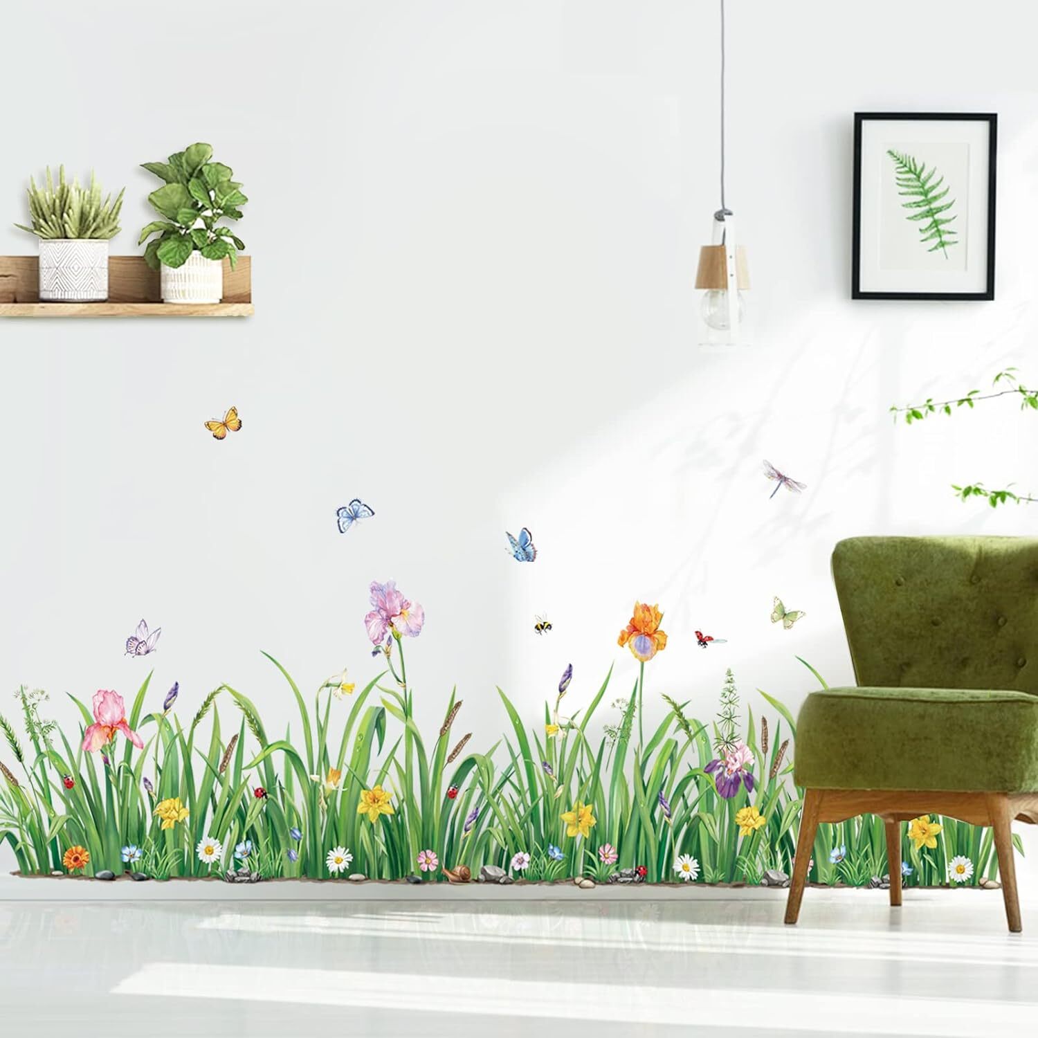 decalmile Green Grass Flower Wall Corner Decals Floral Butterfly Multi Color
