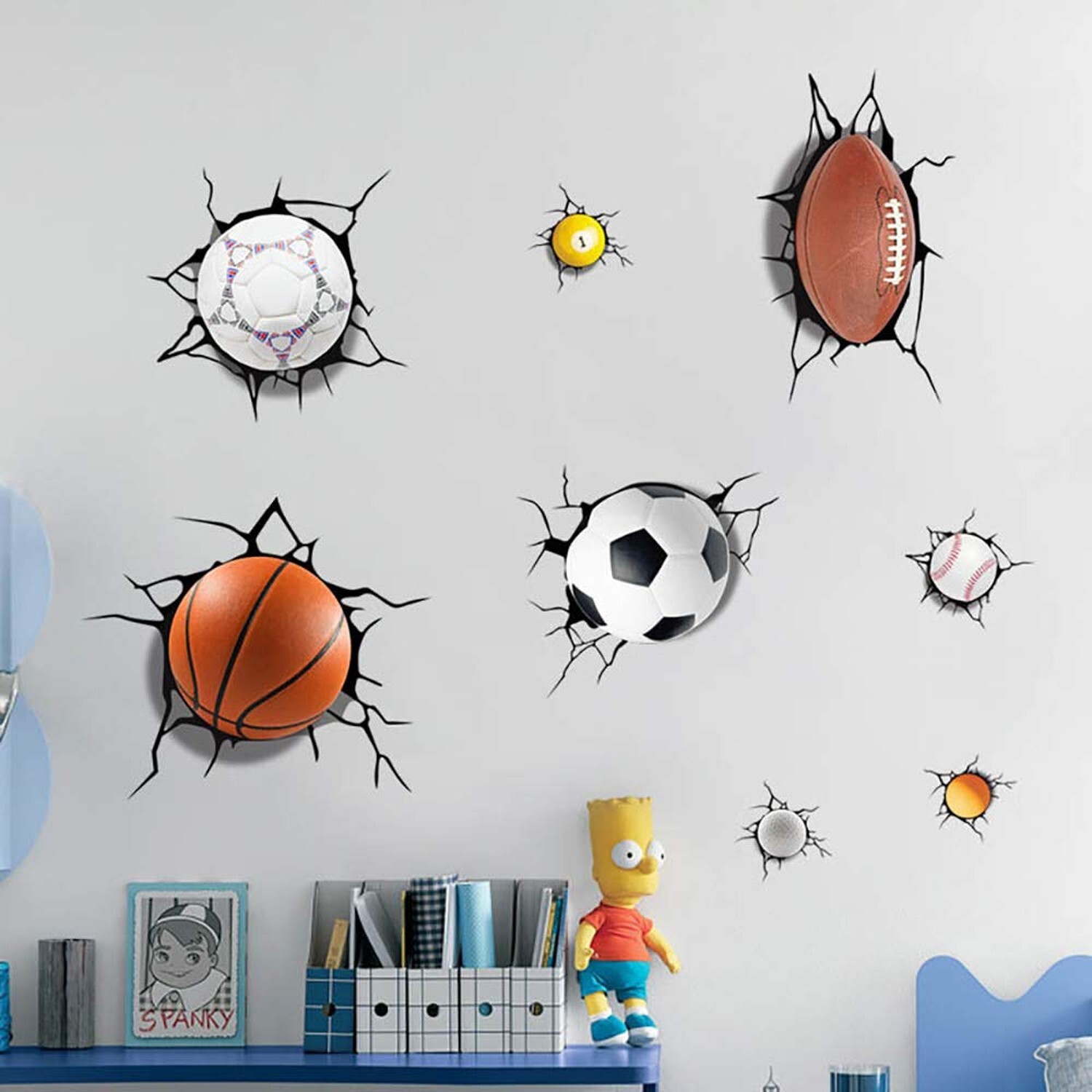 Supzone Sport Balls Wall Decals 3D Wall Stickers Break Through The Wall Remov…