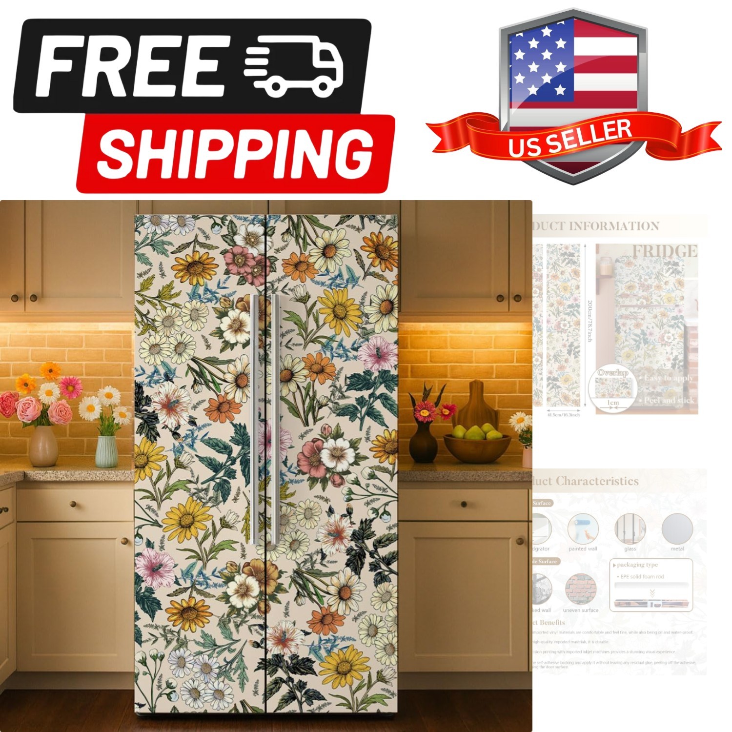 2 Pcs Retro Flower Removable Refrigerator Wraps, Self-Adhesive Fridge Sticker…