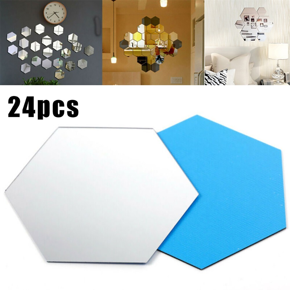 ?24pcs 3D Hexagon Mirror Wall Sticker Art Tile Decal Home Living Room Decor