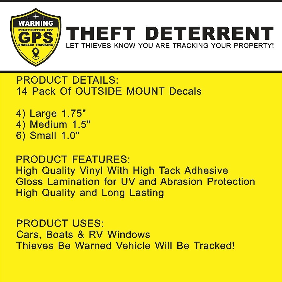 14 PACK GPS Tracking Warning OUTSIDE MOUNT Theft Deterrent Stickers High Quality