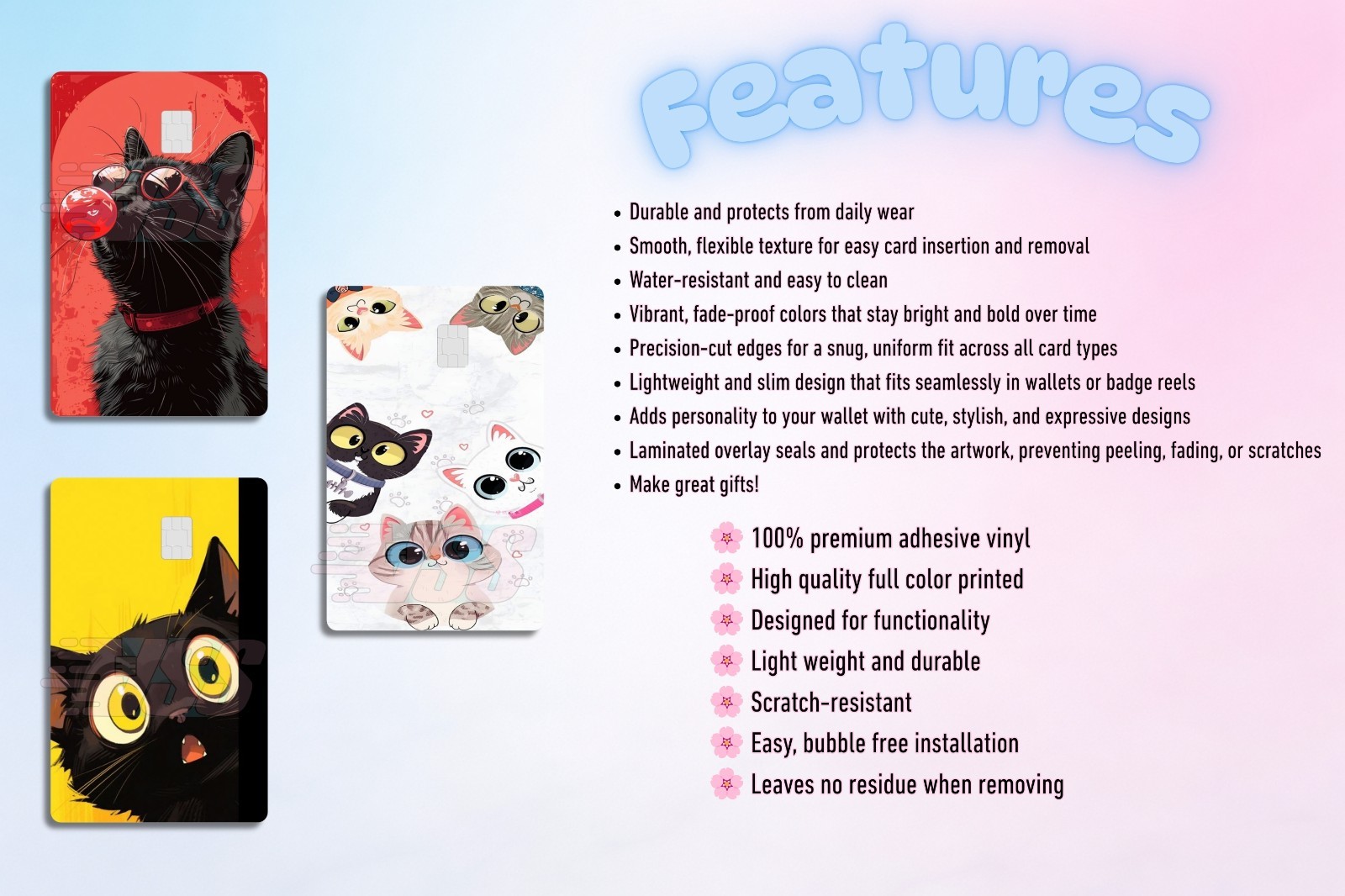 3‑Pack Cute Black Cat Card Skins – Vinyl Credit & Debit Card Covers | Durable