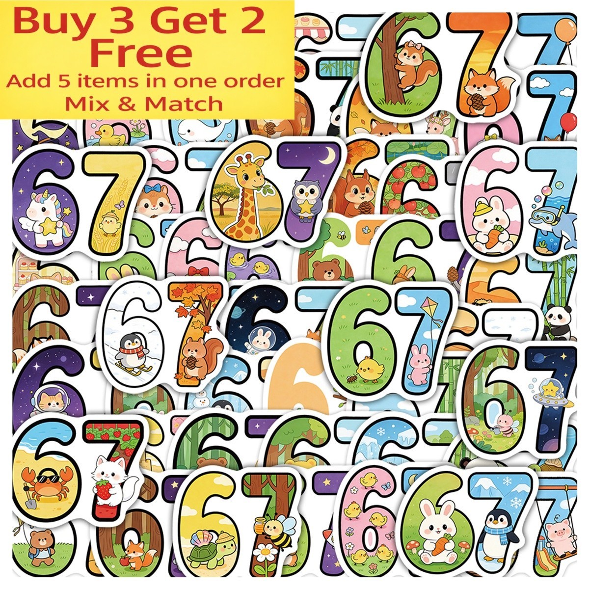 50pcs Waterproof Vinyl Stickers Number 67 Six Seven Luggage Phone Laptop Fridge