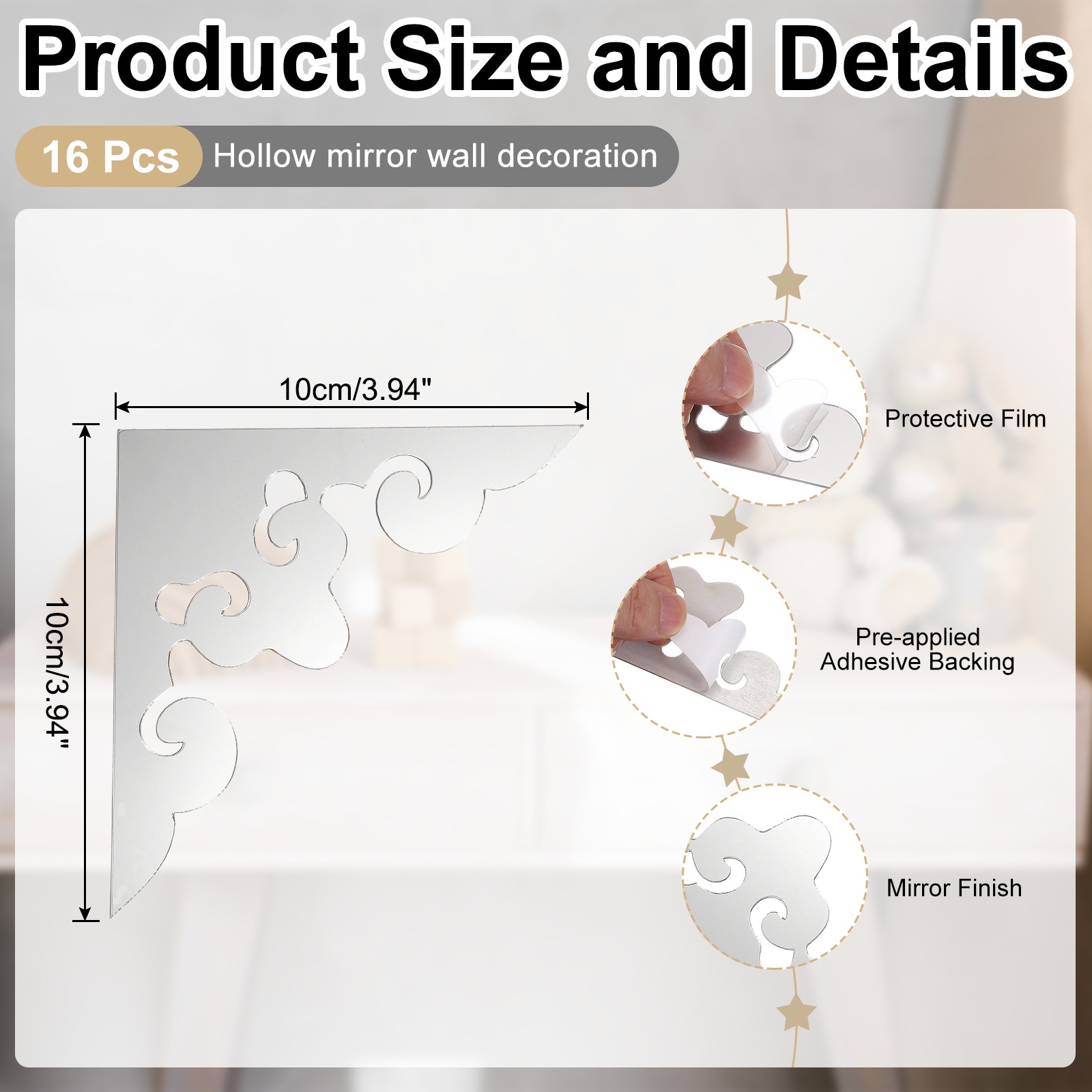 16Pcs Corner Decorative Pattern Hollow Mirror Wall Stickers(Silver 4×4"),