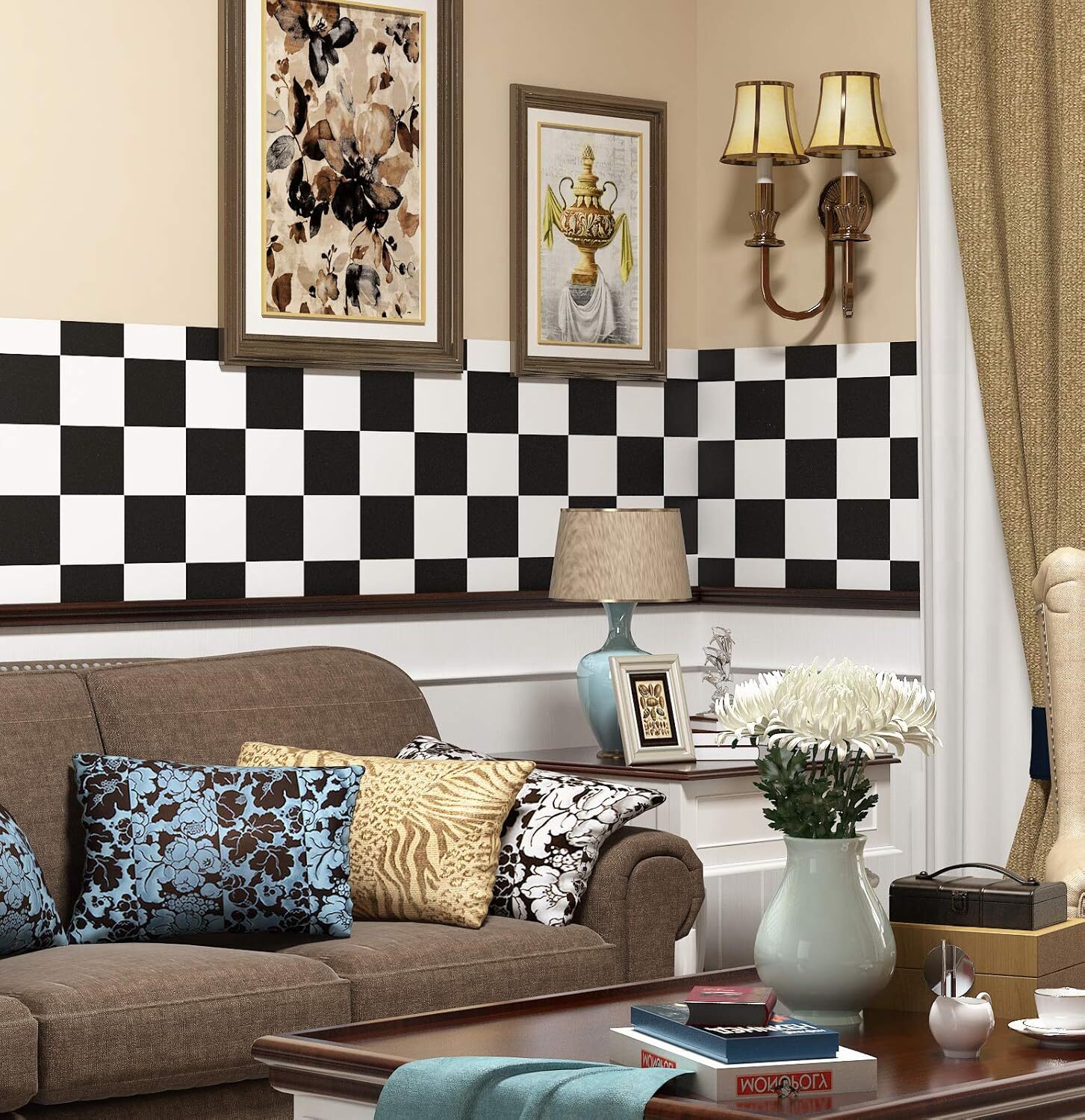 Livelynine Checkered Black and White Vinyl 15.8×78.8 Inch,