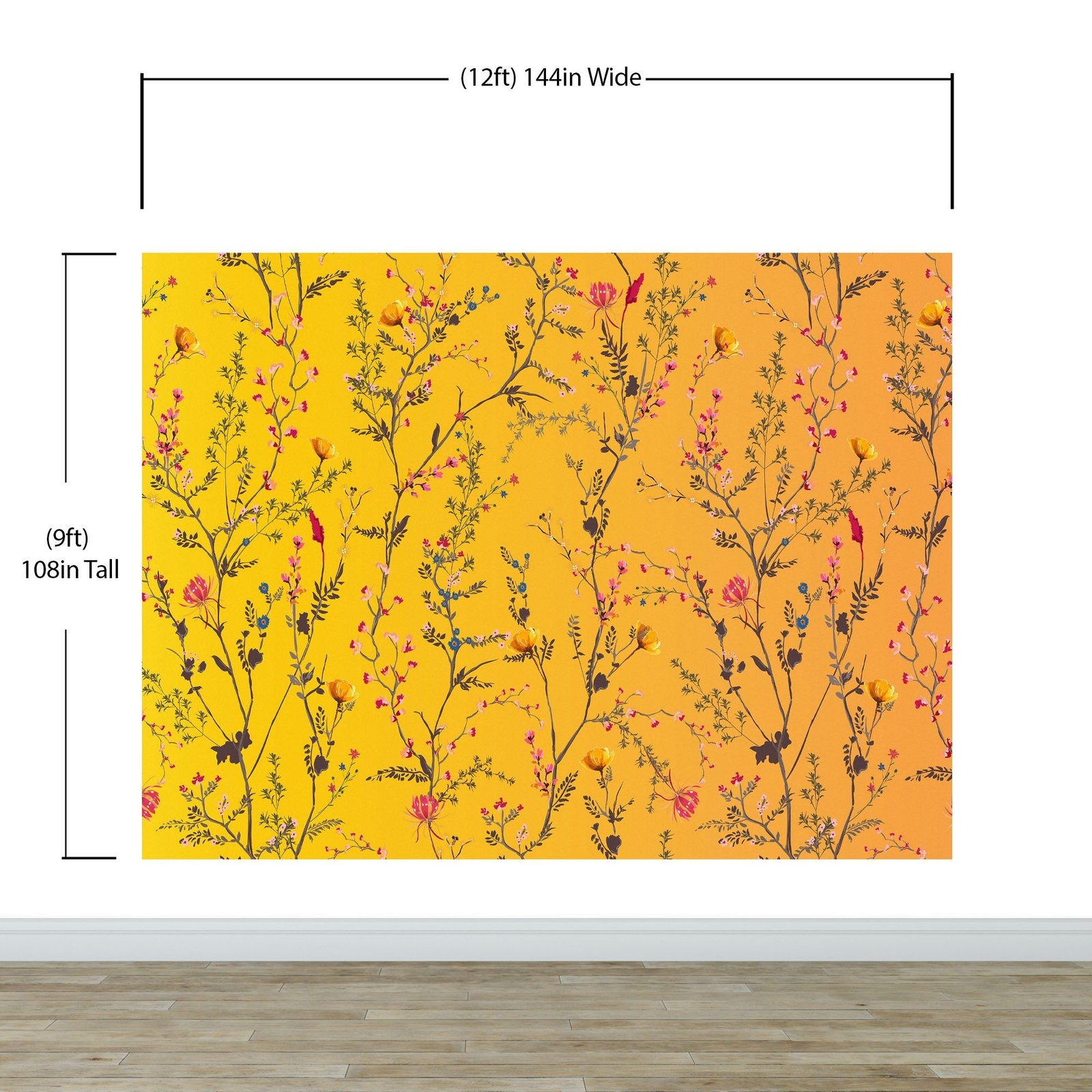 Botanical Flower Garden With Yellow Orange Background Wall Mural. Blossom Flower