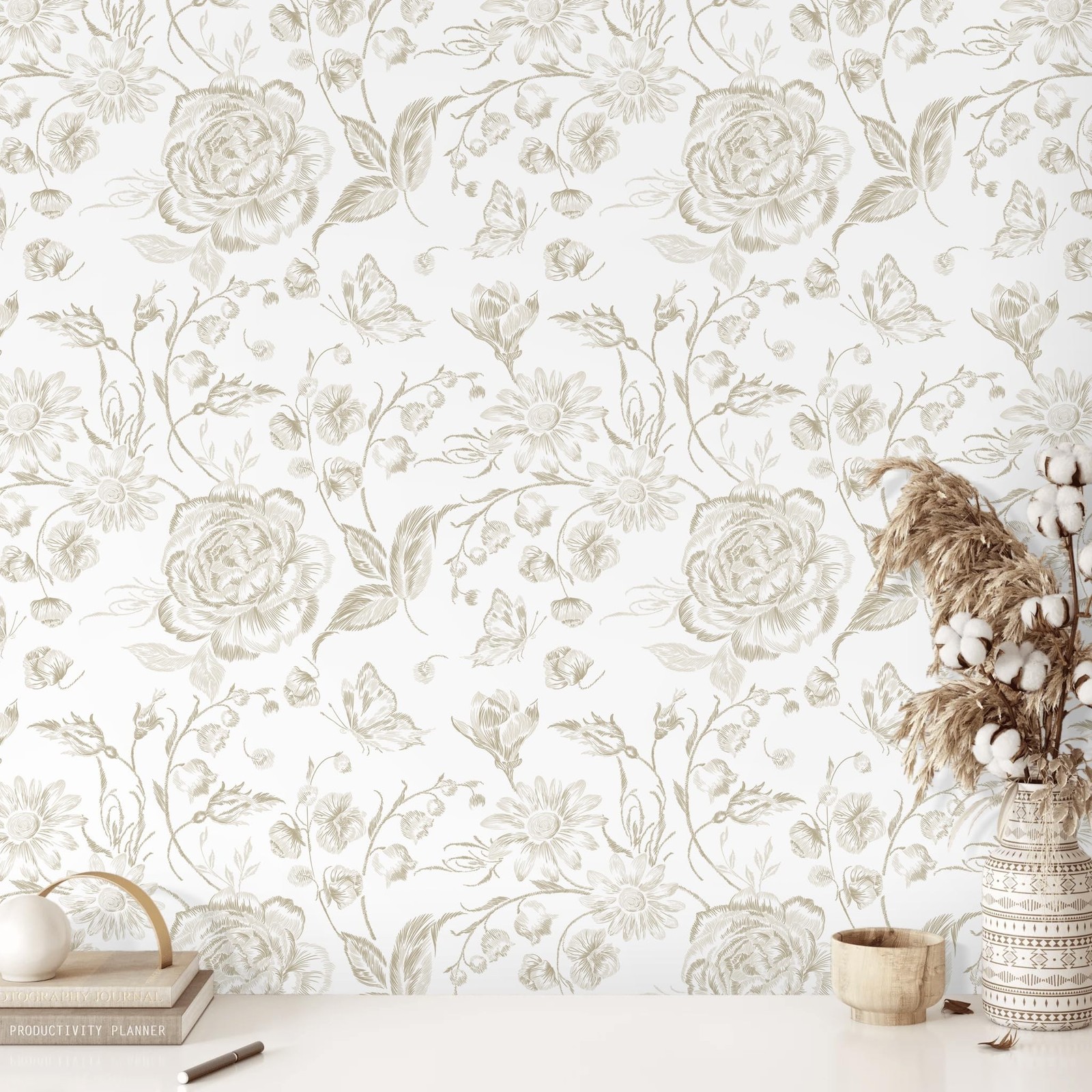 Floral Peel and Stick Wallpaper Boho Beige Contact Paper Neutral Farmhouse Vi…