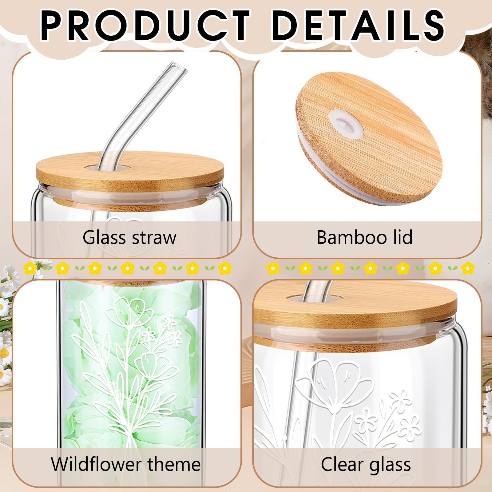 8 Pcs Spring Floral Glass Cups with Lids and Straws 16 oz Cute Flower Iced Co…