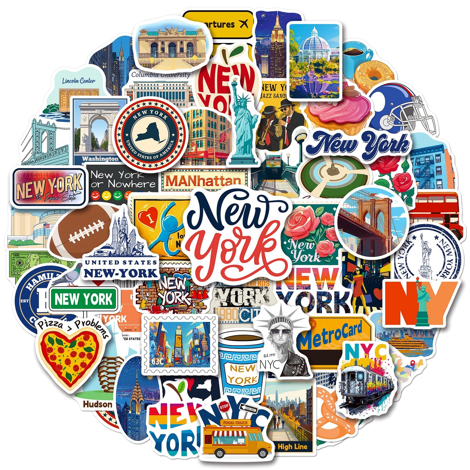 100PCS New York Stickers, Waterproof NYC Travel Blue, Yellow, Red, White