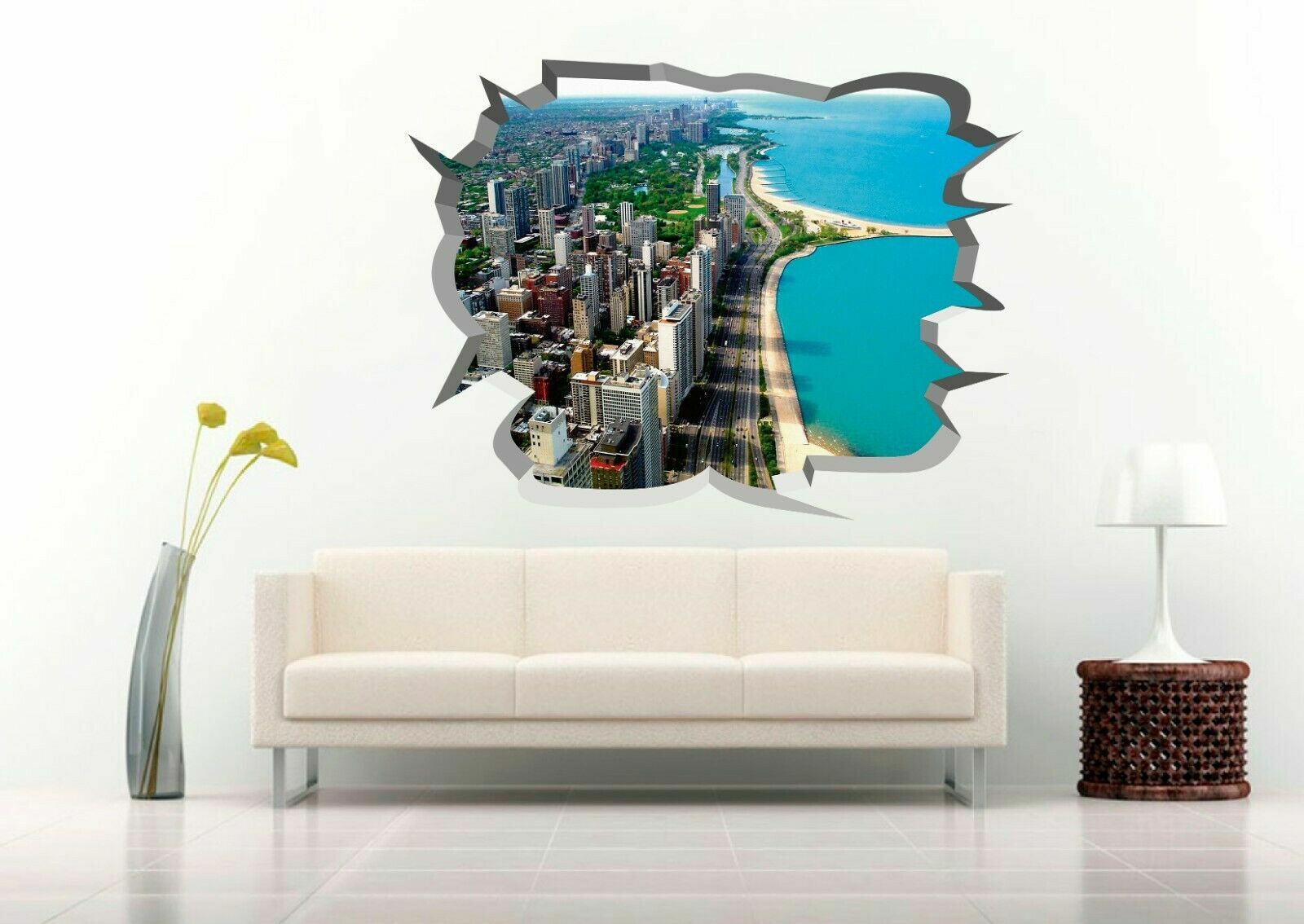 Chicago Lake Shore Drive 3D Crack Hole Wall Decal Vinyl Sticker Mural Art Decor