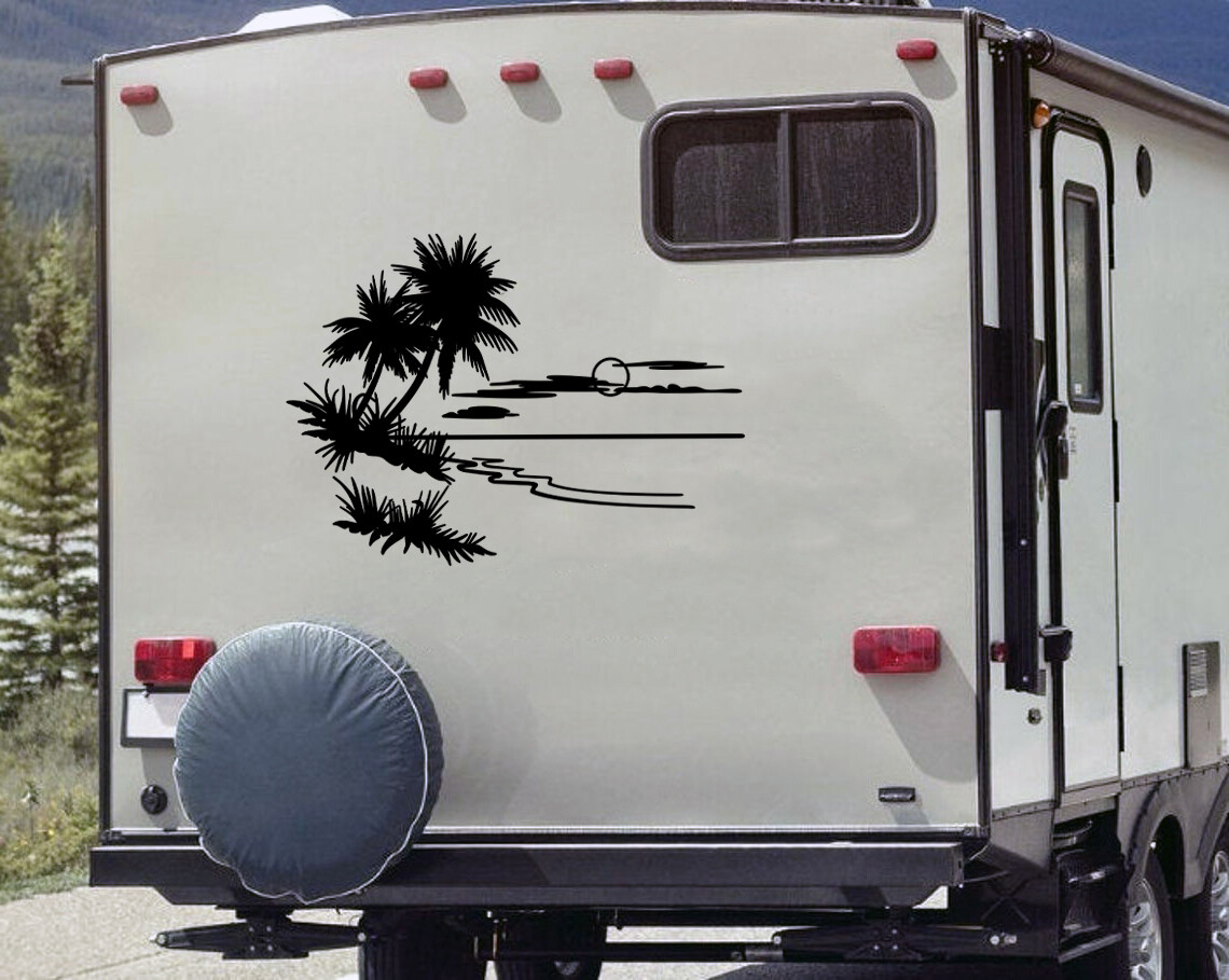 Beach Scene with Palm Trees Vinyl Decal V1 | RV Graphics Travel Die Cut Sticker