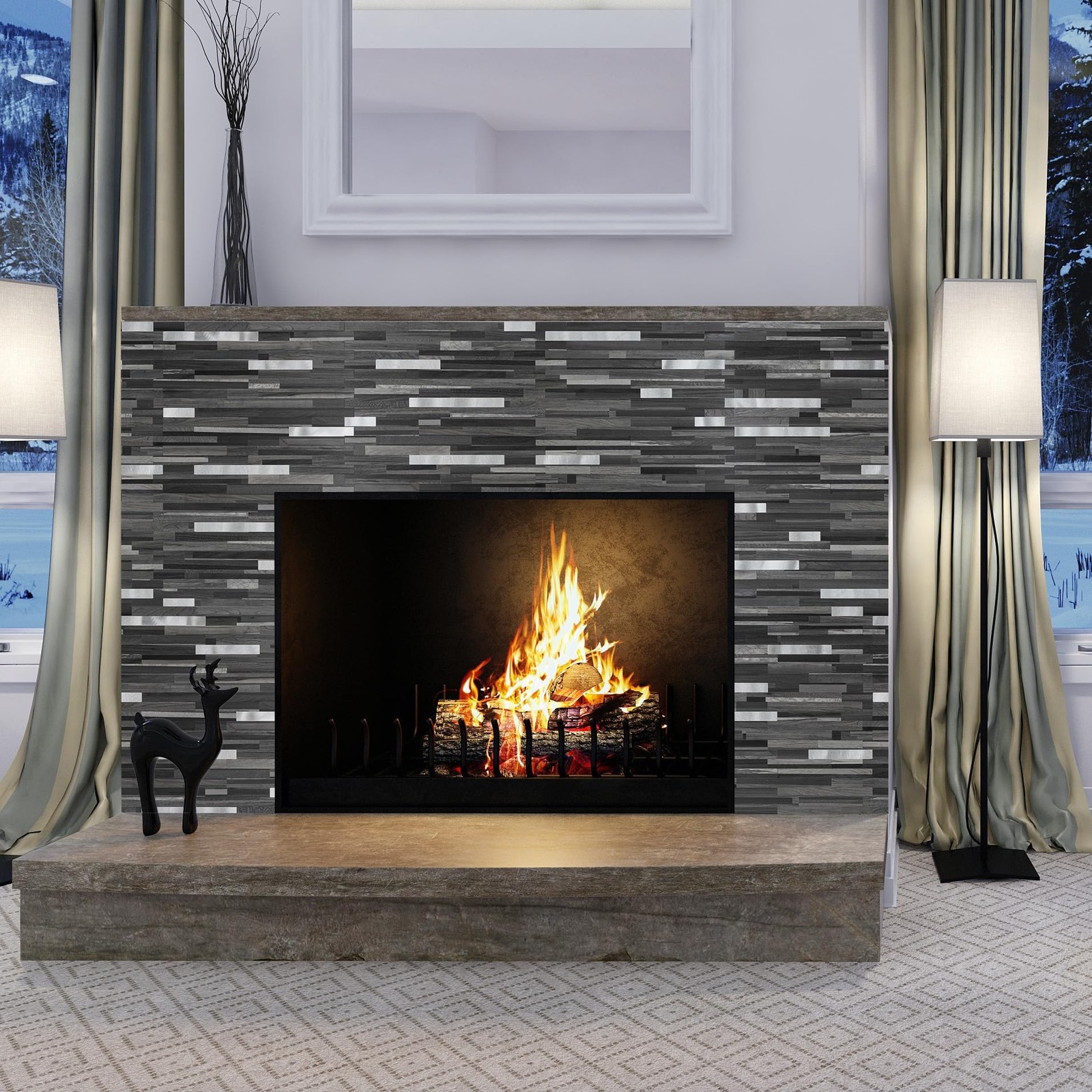 StyloVue 20 Sheets Peel 12 inch x 5.9 inch, Black Grey Wood With Metal Silver