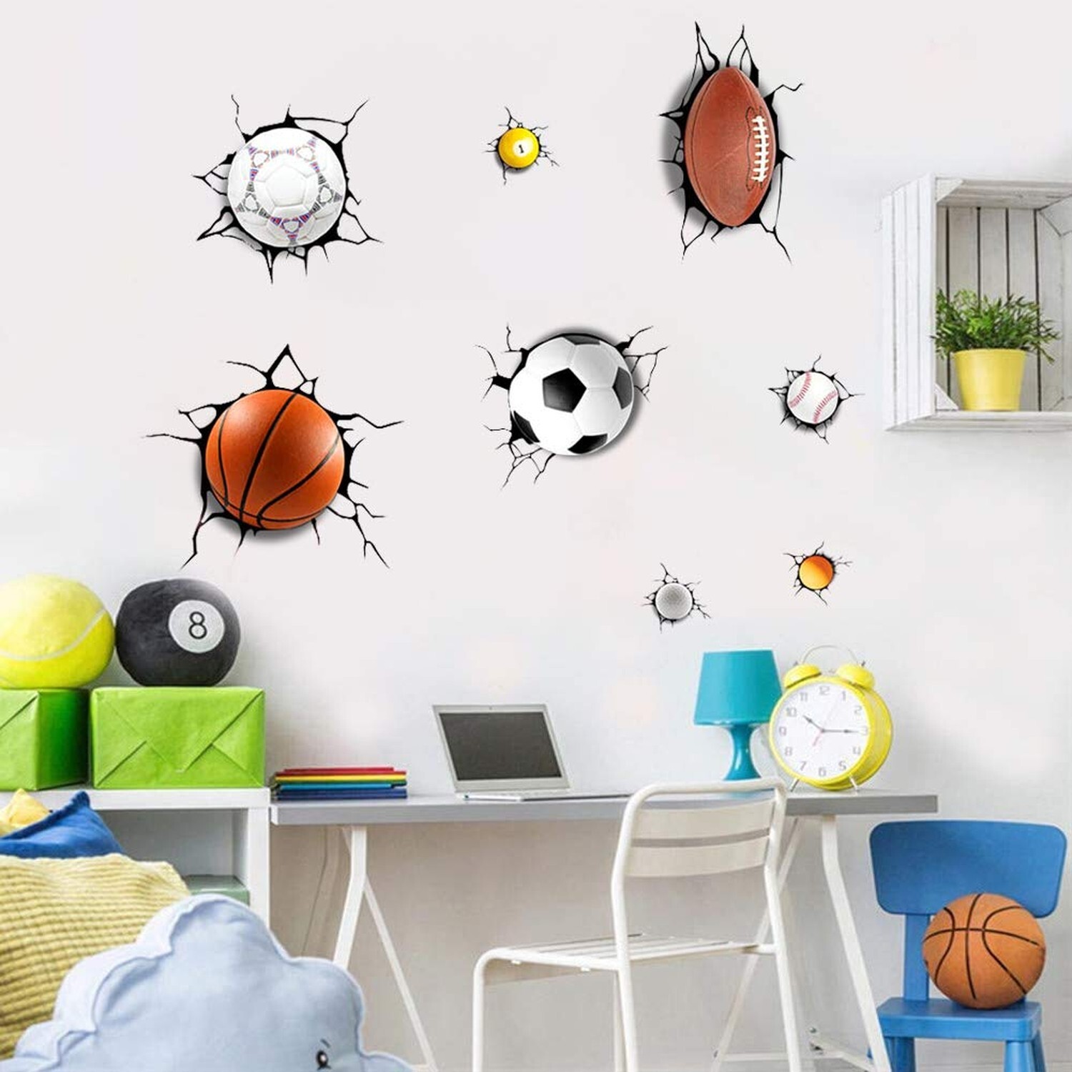 Supzone Sport Balls Wall Decals 3D Wall Stickers Break Through The Wall Remov…