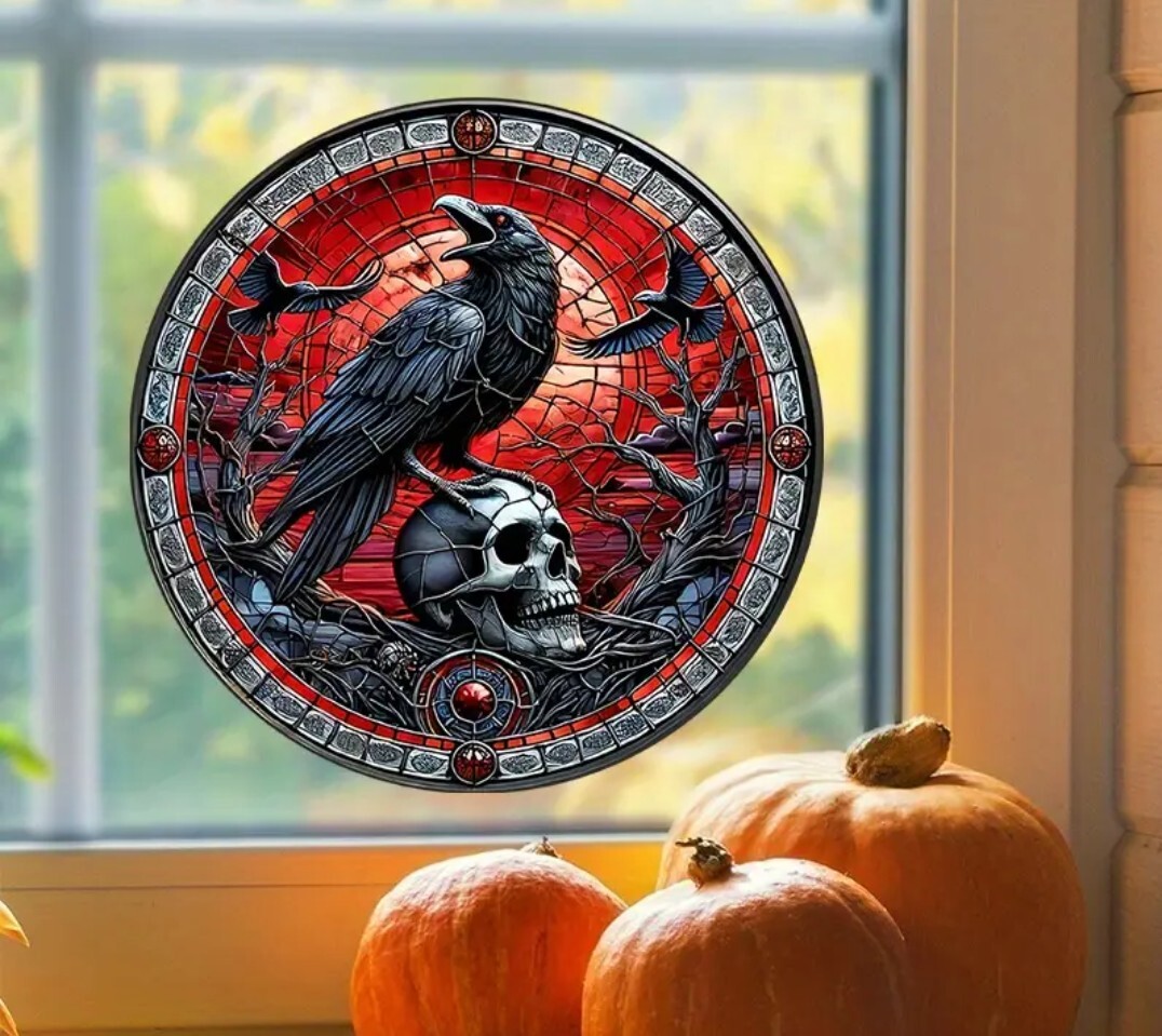 Halloween Gothic Decor – 9" Crow & Skull Window Cling, Static-Free PET Glass…