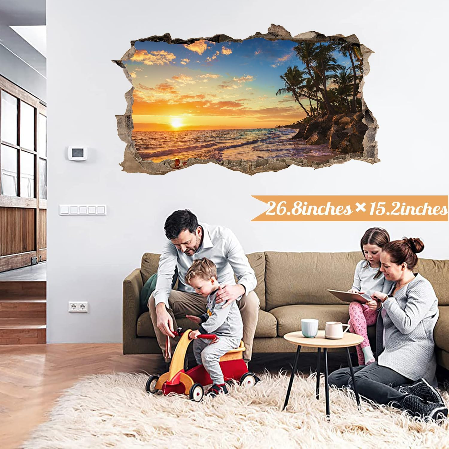 3D Sunset Beach Wall Decals, Peel and Stick Art Murals, Palm Tree Stickers