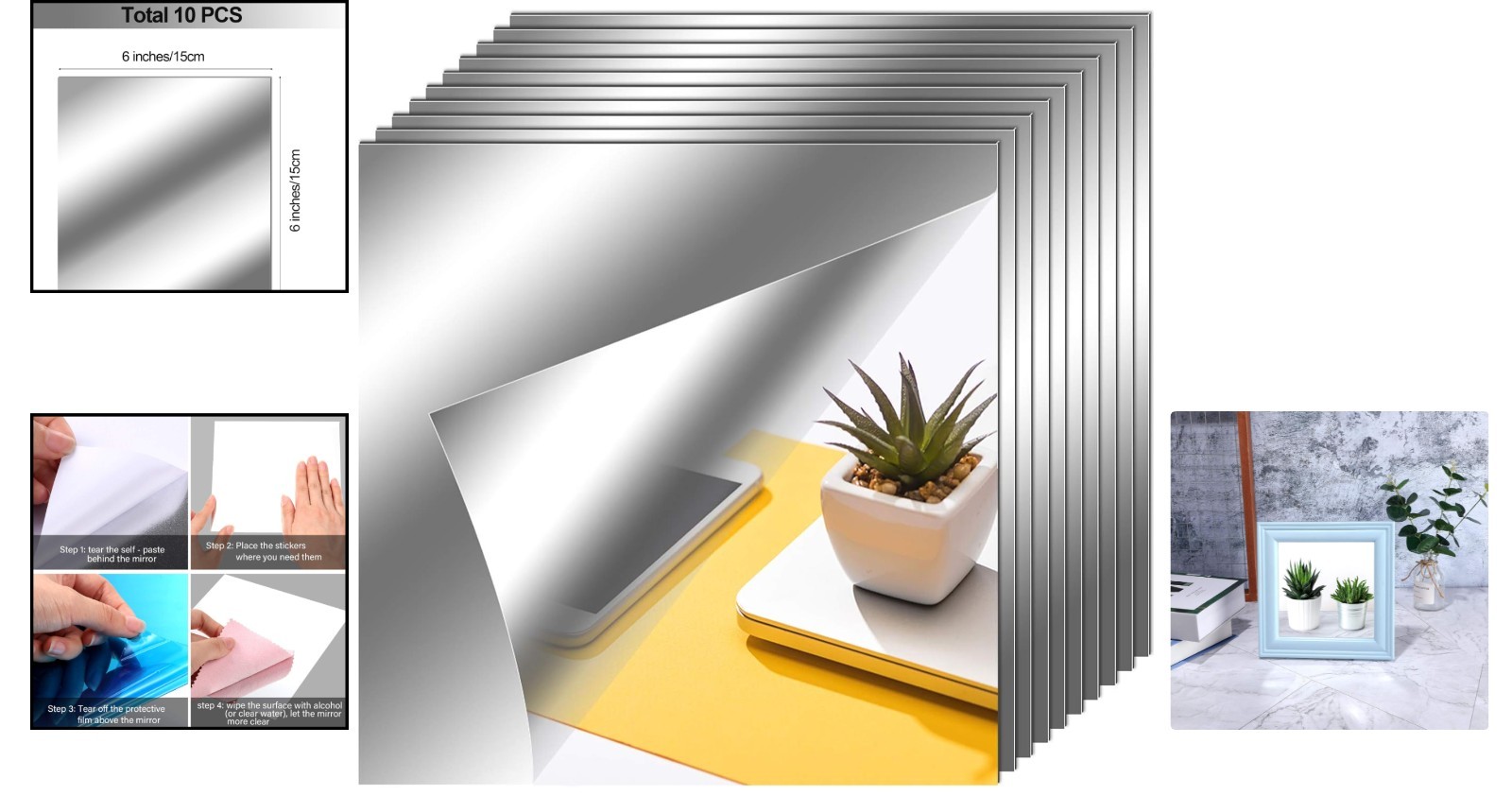 10-Piece Self-Adhesive Flexible Mirror Tiles, 6×6 Inches Elegant Decor Solutions