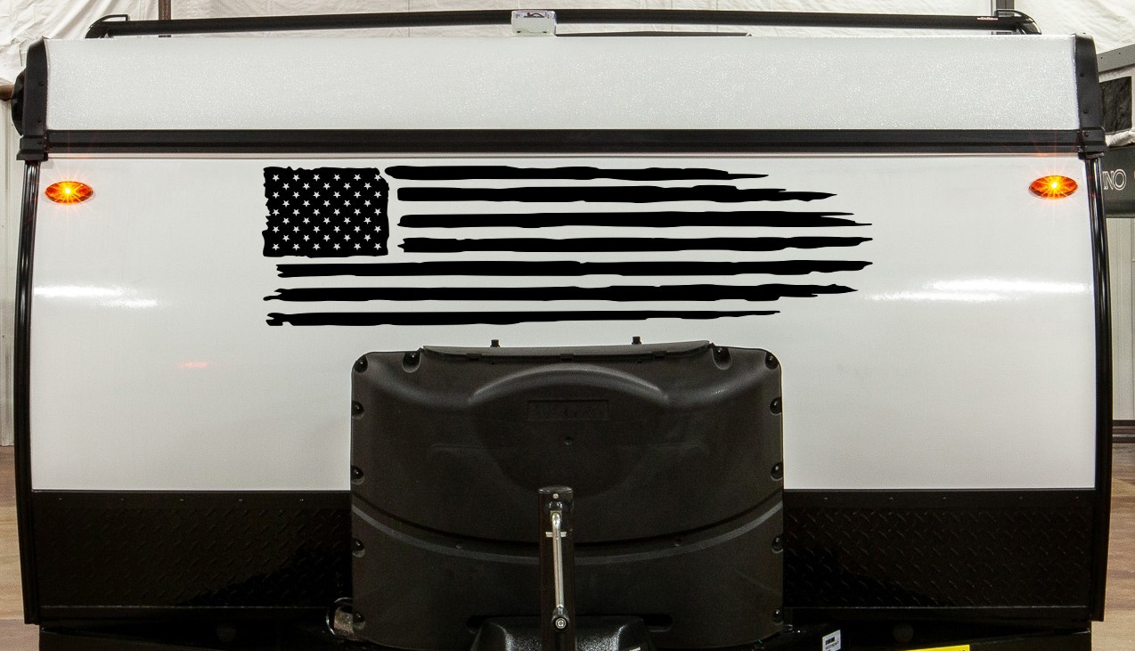 Distressed American Flag in Matte Black Waterproof Vinyl Decal Truck RV Camper
