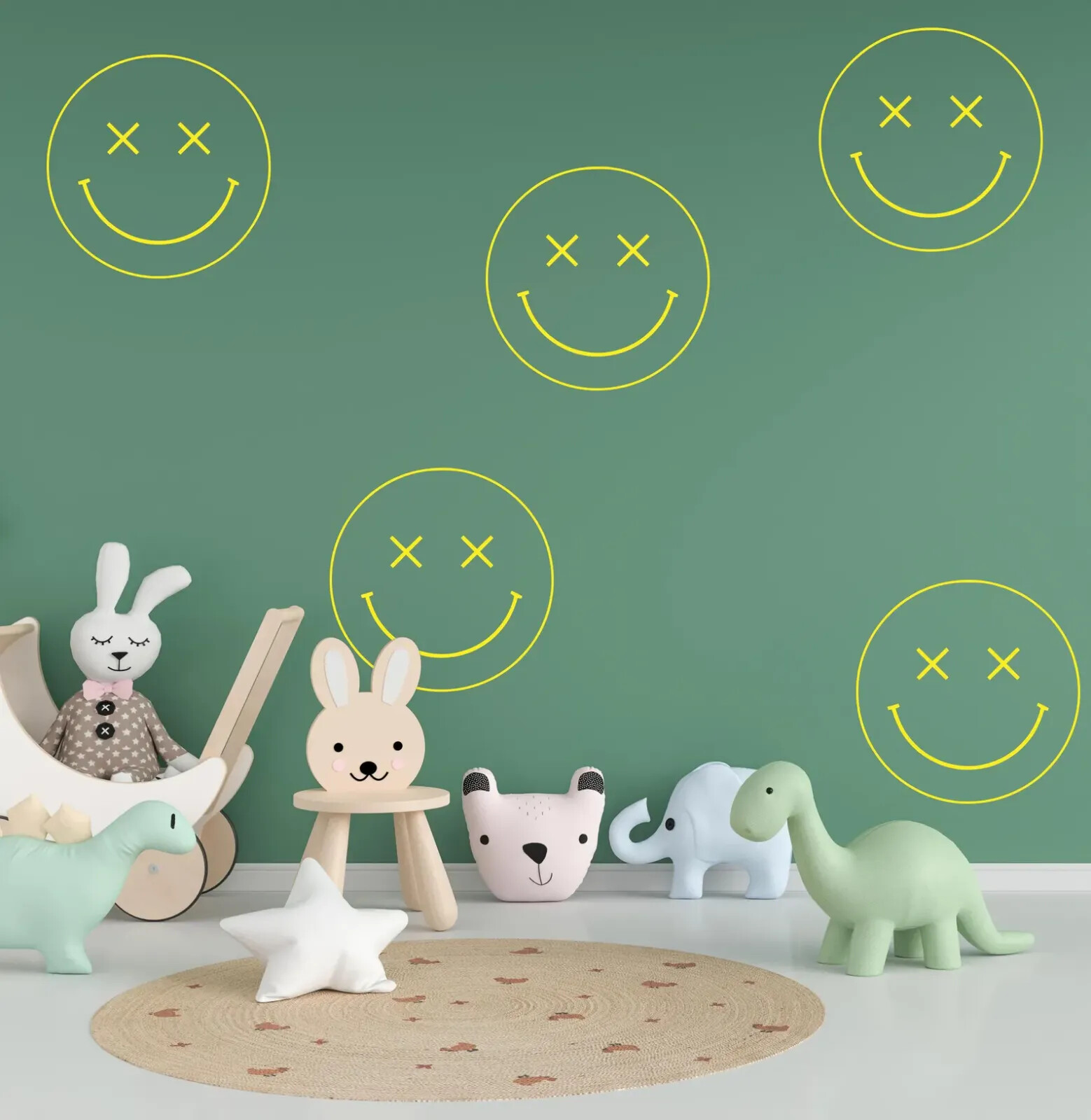 Set of 6 Smiley Face Wall Decals with X-Eyes – in 10×10 or 22×22 Inches n085