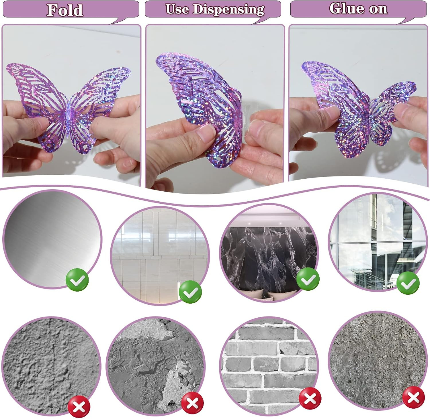 60 Pcs 3D Sequined Purple Butterfly Wall Decor Stickers, 5 Styles 3 Sizes, Holog