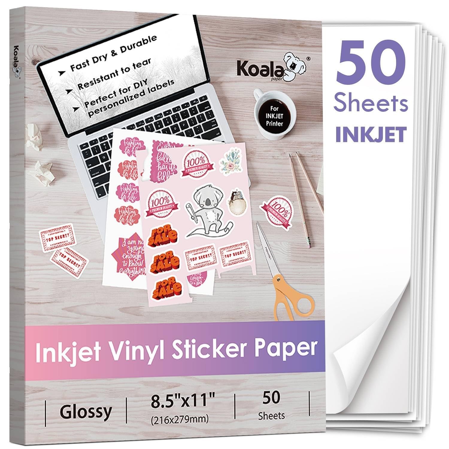Koala Inkjet Printable Vinyl Sticker Paper for Inkjet Printer – 50 Sheets Whi…