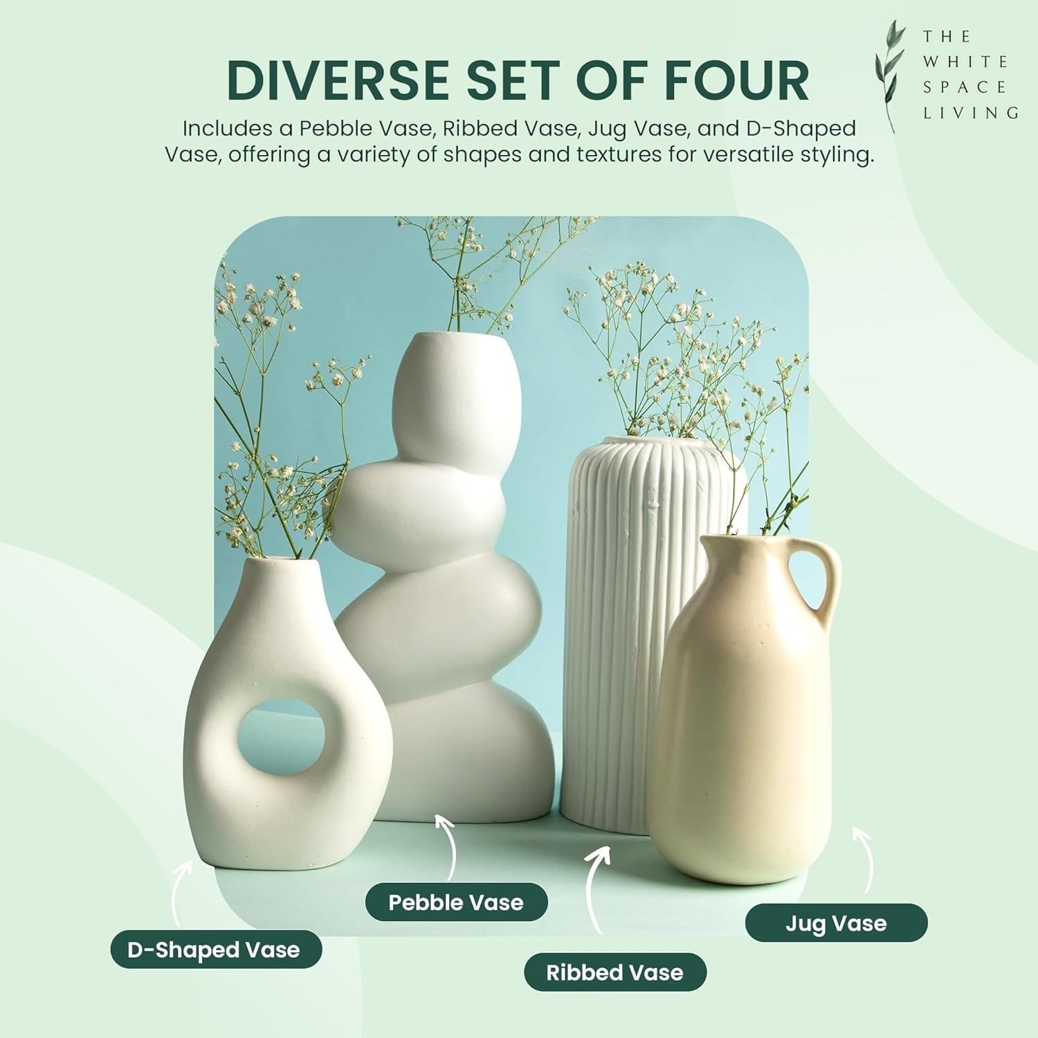 Set of 4 Ceramic Vases for Home Decor | White & Beige Modern Minimalist Vase Set