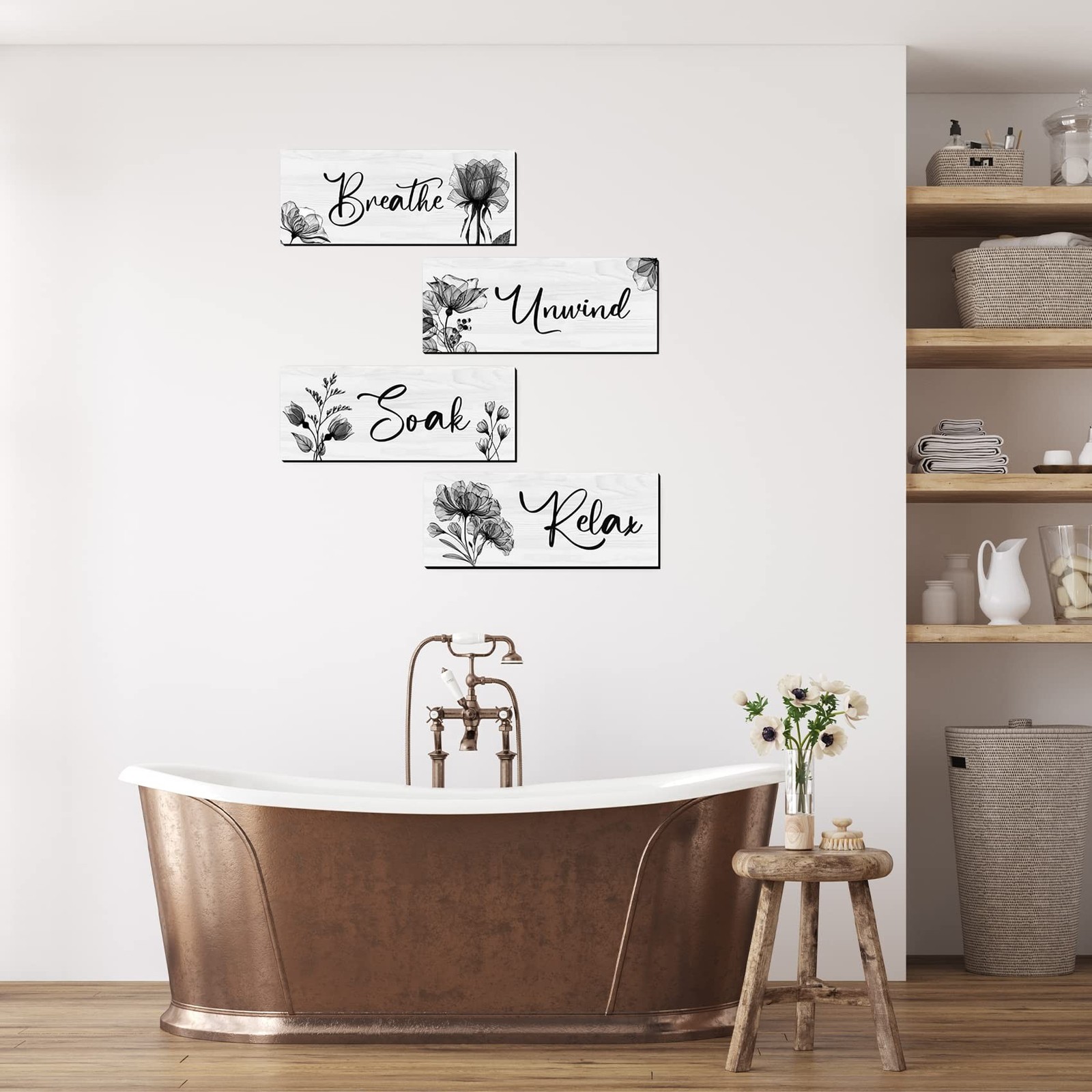 4 Wooden Wall Art Plaques – Large Bathroom Decor for Home Spa & Laundry black