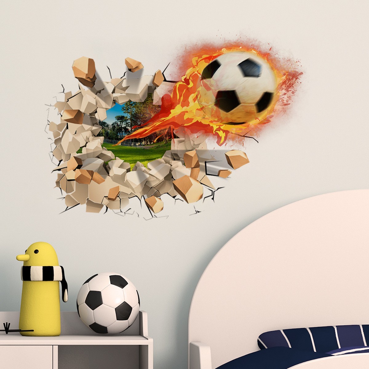 Realistic 3D Soccer Ball Wall Sticker – Cracked Wall Effect 15.7×11.8 Inches