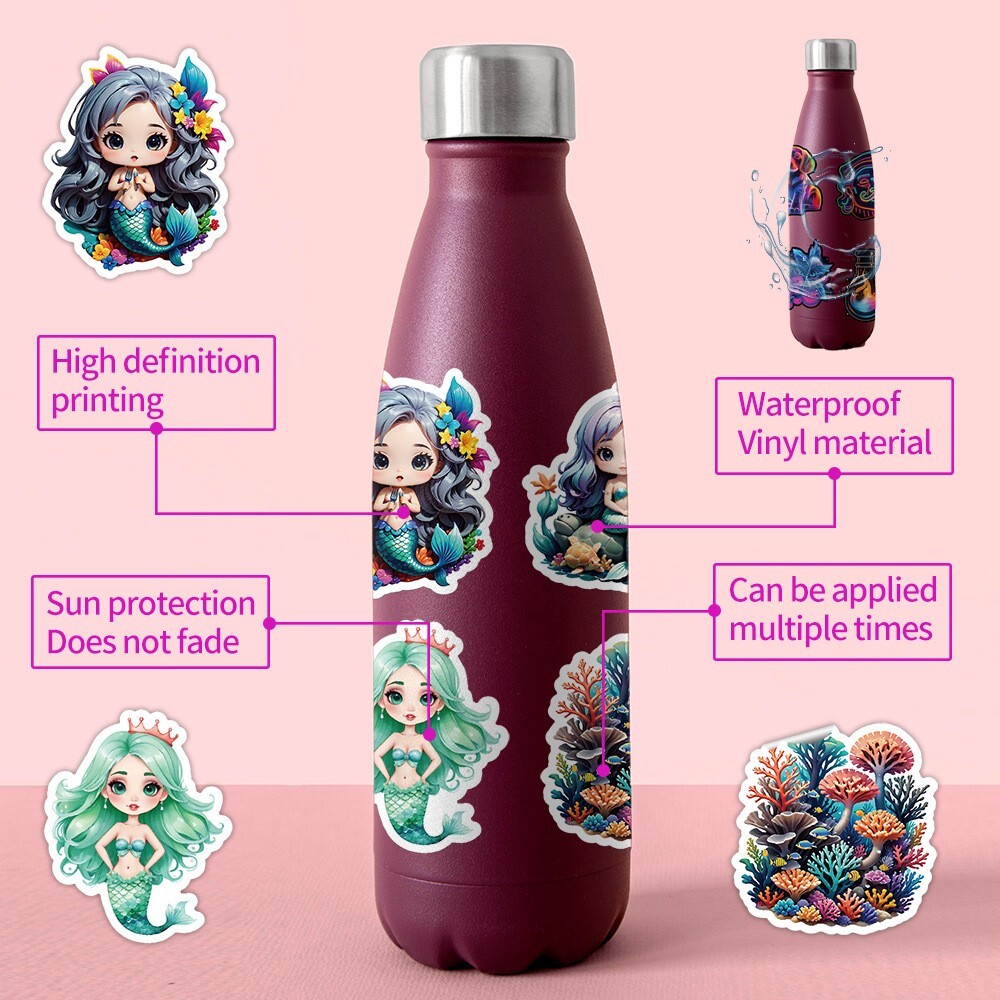 50 Pcs Stickers Cute Mermaid Luggage Skateboard Phone Laptop Bottle Window Car