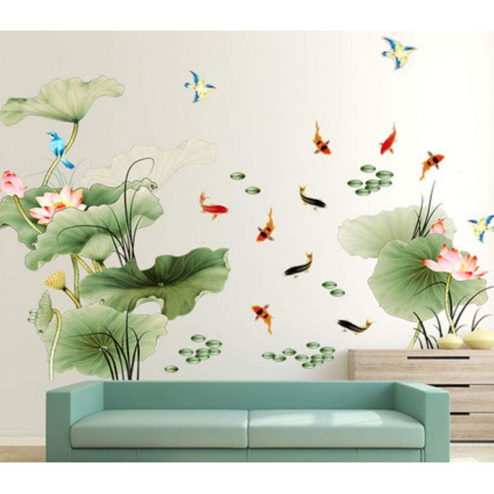 Lotus Flower Bird Fish Wall Decor Decal Sticker,Living Room PVC Mural Decorat…