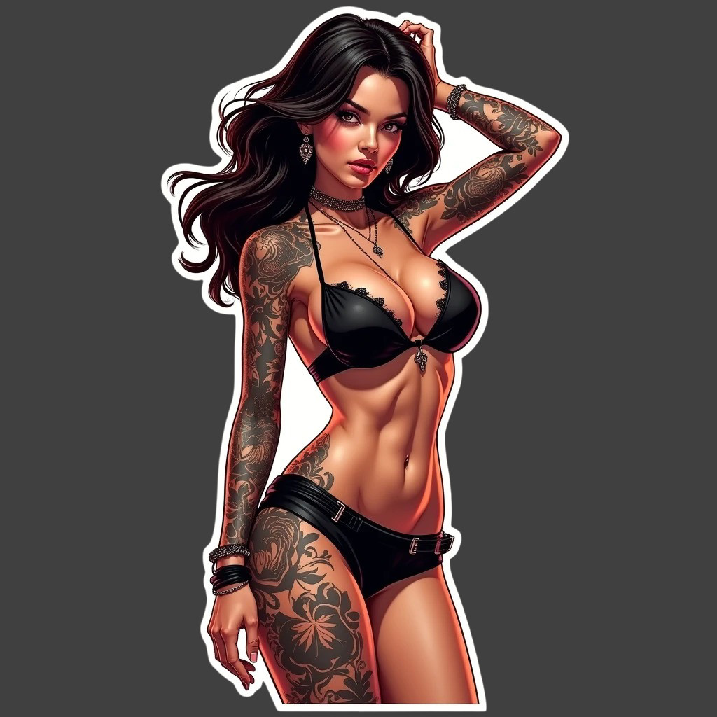 Pinup Girl Sticker Vinyl Decal Tattooed Brunette Lingerie Sexy Retro Art