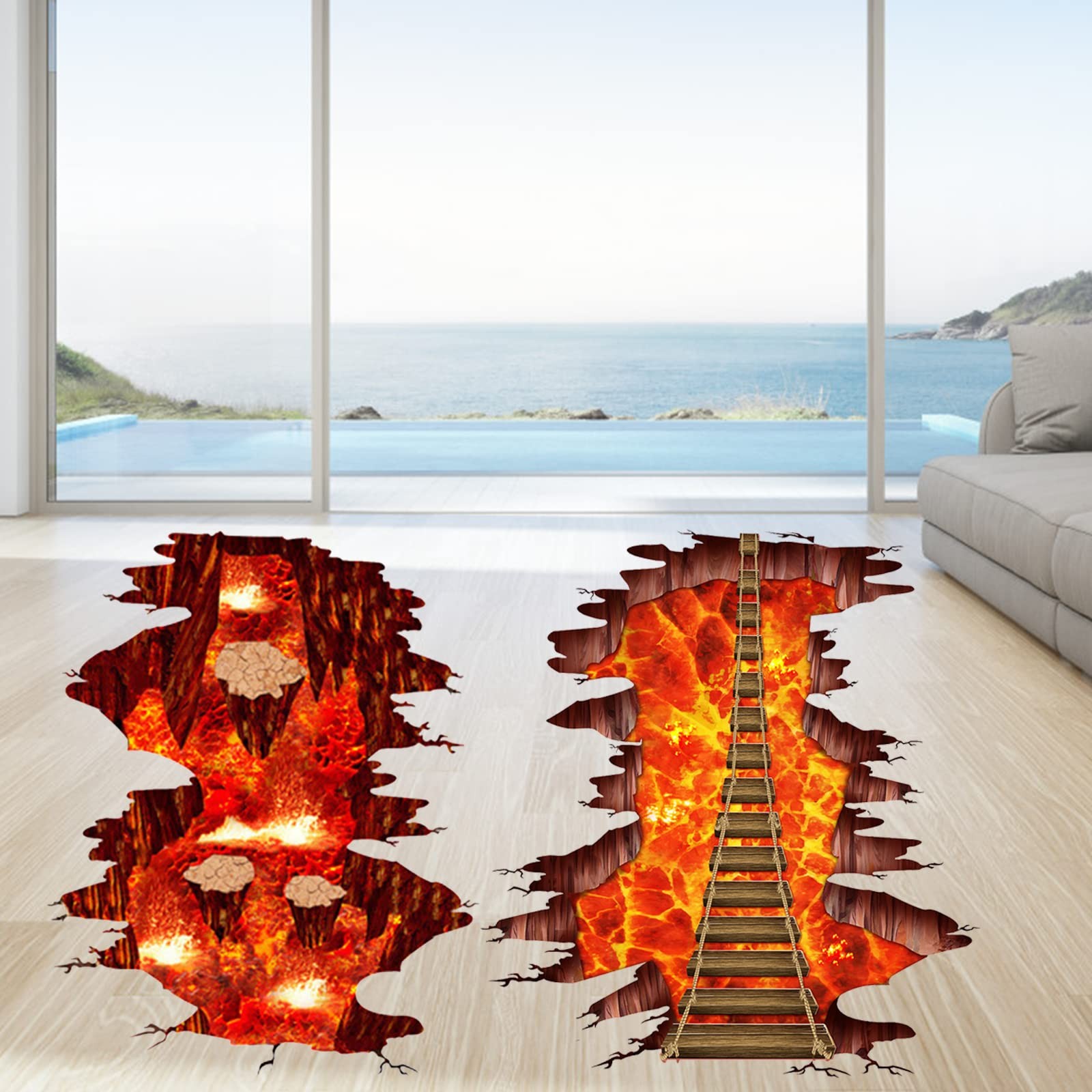 Generic 2 Packs Volcano 3D Floor Stickers, Flame Rope Bridge & Lava Art Decal…