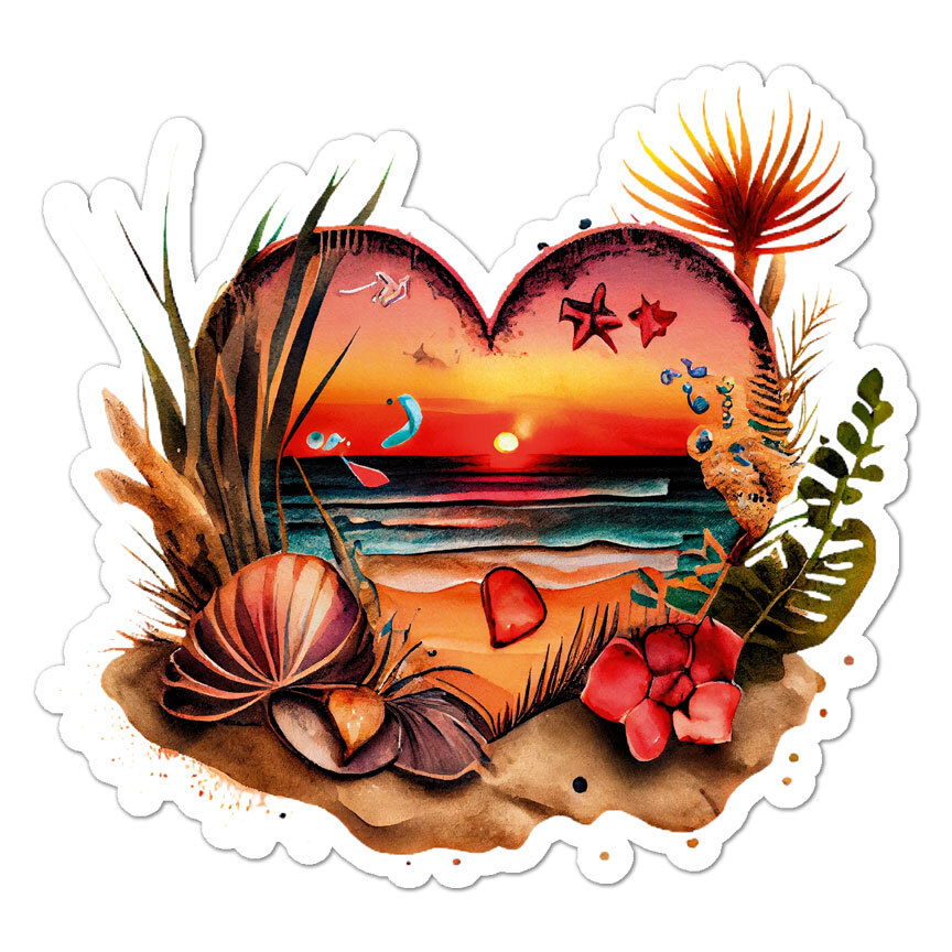Vintage Style Beach Heart, Vinyl Decal Sticker, Indoor Outdoor, 3 Sizes, #8752