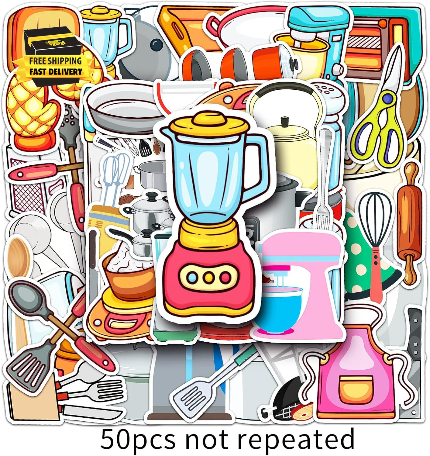 50Pcs Daily Kitchen Utensil Stickers for Water Bottle,Waterproof Viny Stickers f