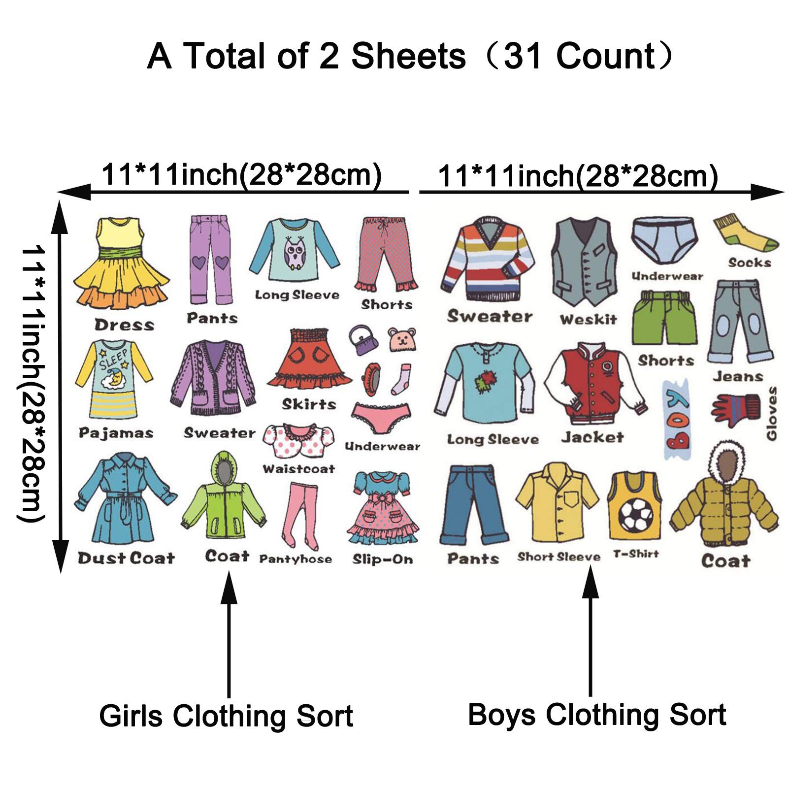 2 Sheets（31 Count） Dresser Clothing Decals 11 inch Boys Girls Clothing Sort W…