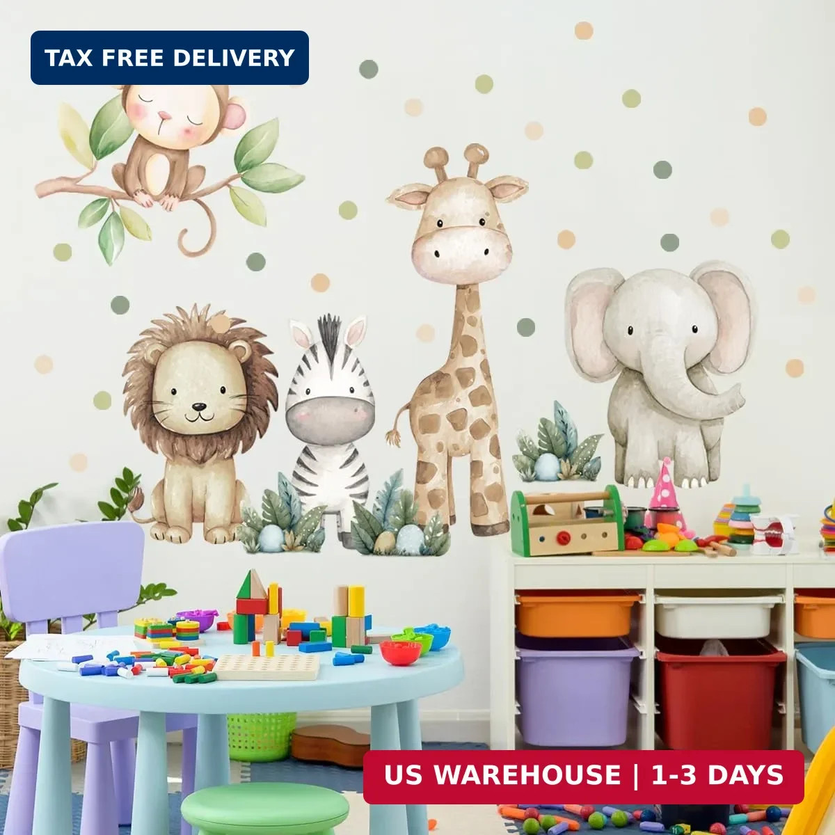 Safari Animals Nursery Wall Decal, Peel and Stick Nursery Mural Jungle Animals L