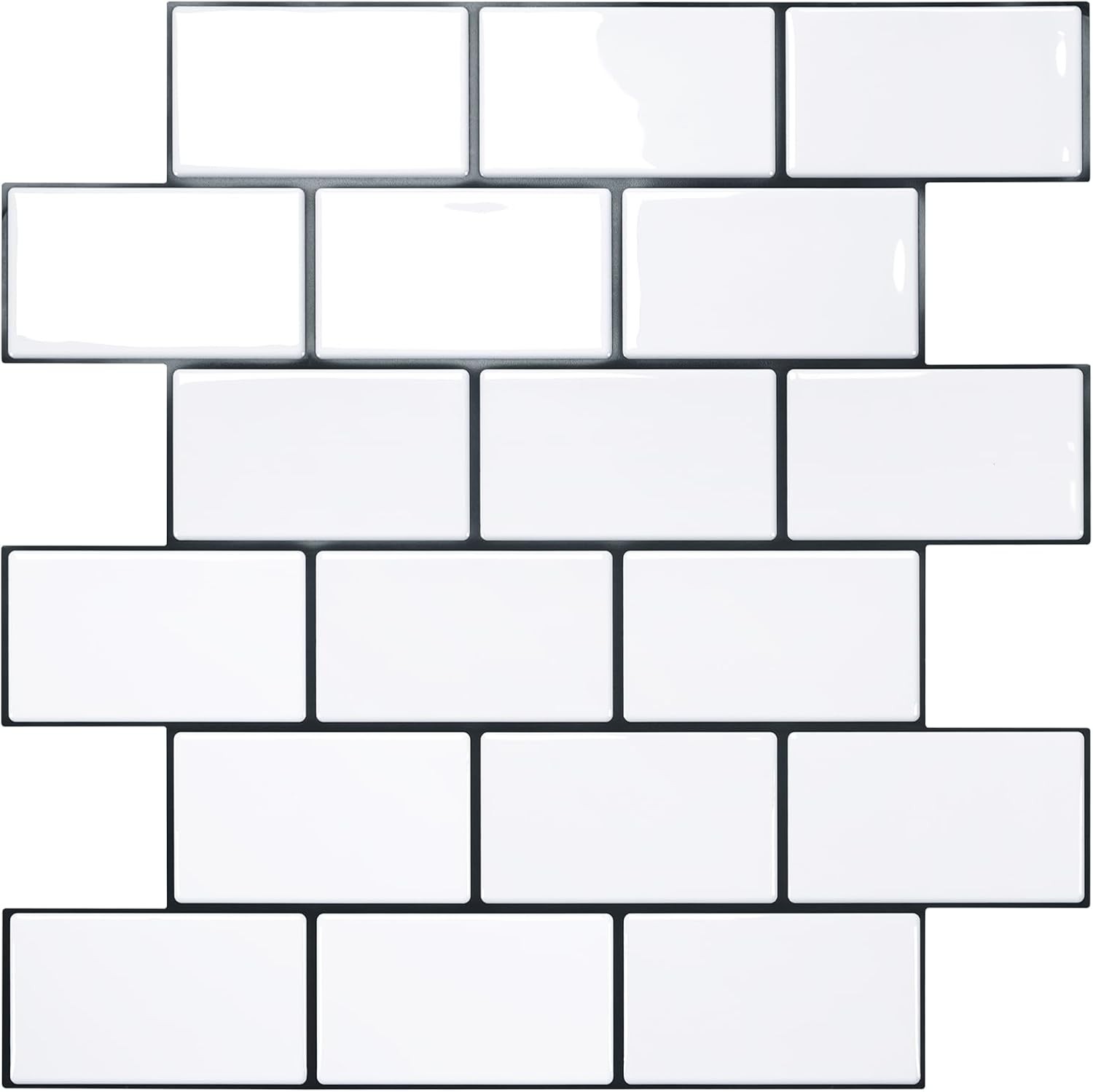 STICKGOO 10-Sheet Peel and Stick Backsplash, Cold White With Black Grout