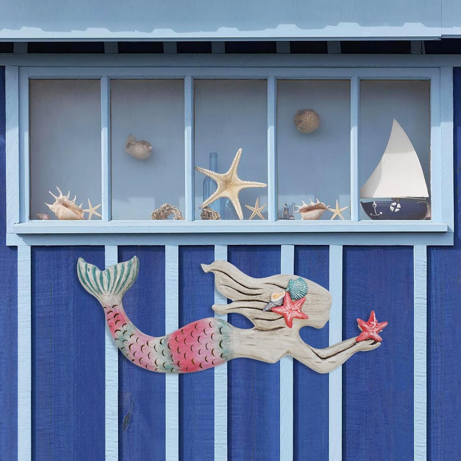 Nautical Decor Wood Hanging Mermaid Wall Art Coastal Decorations (A)