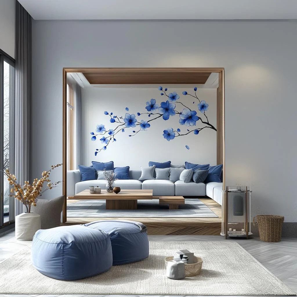Blue Flower Branch Wall Decal | Large Sakura Floral Vinyl Sticker
