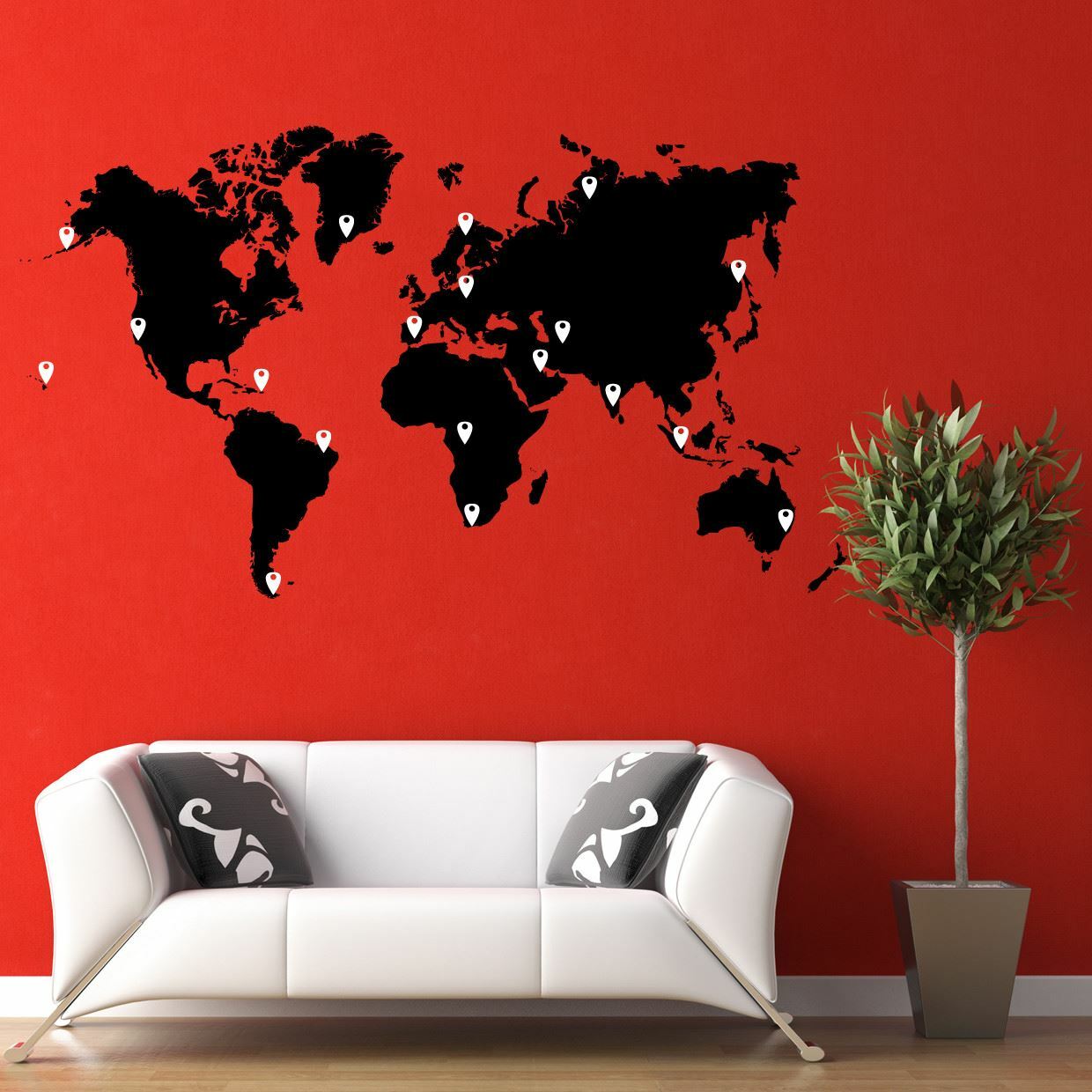 World Map Vinyl Wall Decal Sticker. Includes Location Pins. Office Wall Map #873