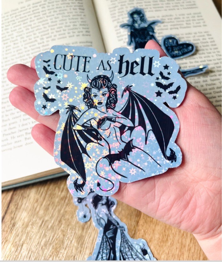 Cute Fantasy Girl Pink Bat Elf Glitter Holographic Horror Sticker Spooky Hallow