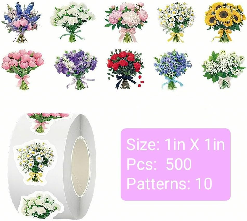 500 Pcs 1-Inch Roll Flower Bouquet Stickers for Crafting and Labeling
