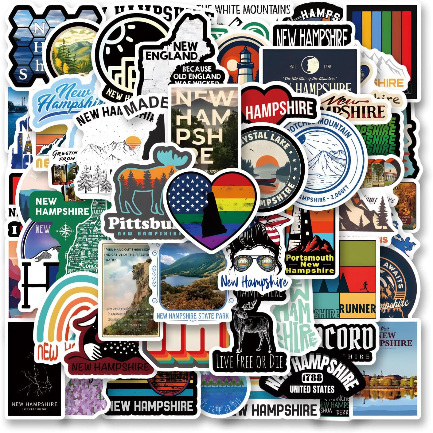 62Pcs New Hampshire Stickers Pack, Waterproof Decals for Bottles, Laptops, Phone