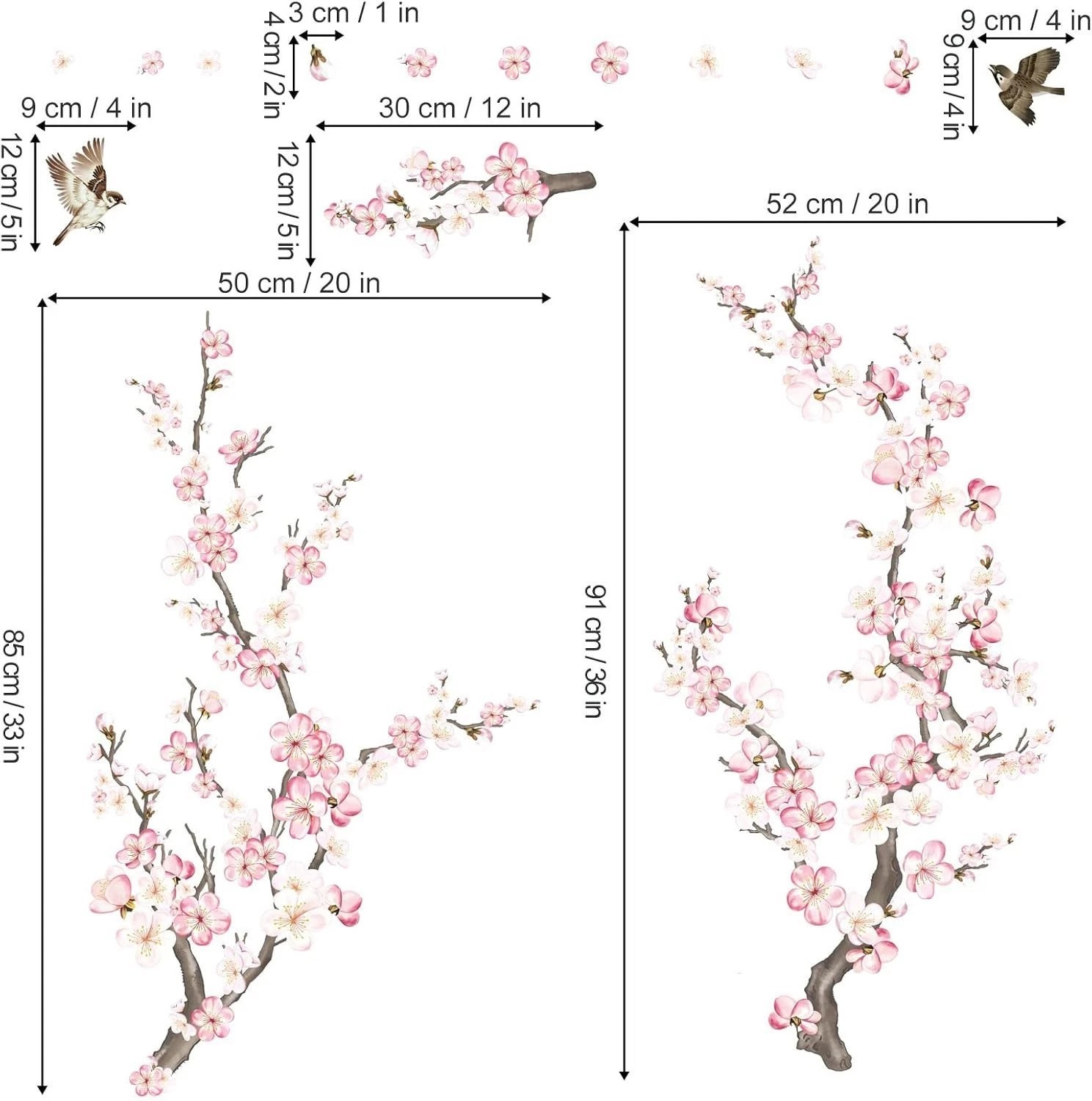 Art Deco Cherry Blossom Wall Decals – Waterproof Floral Stickers for Kids