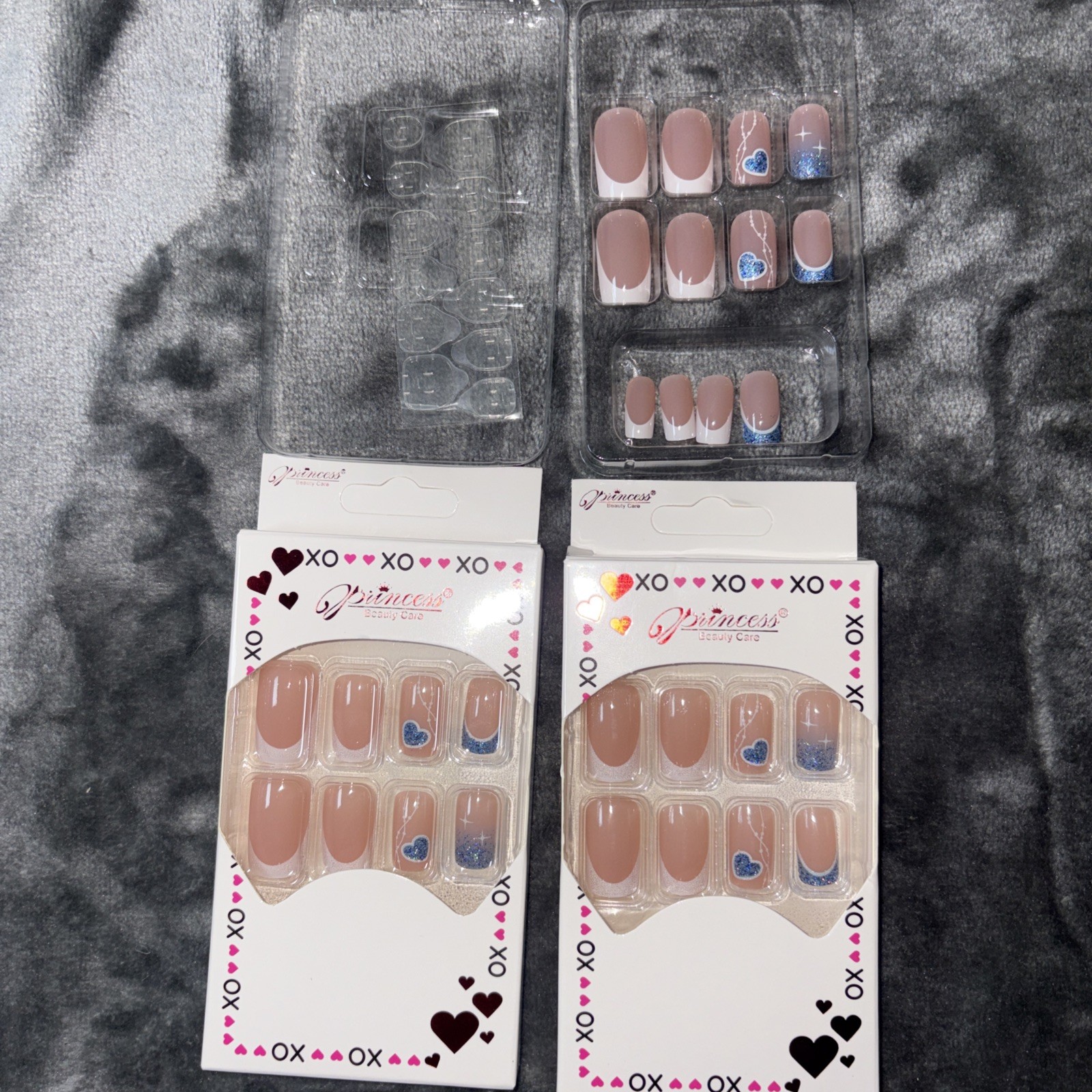 36 PCS Love and Hearts Press On Nails Medium Sq Blue Glitter Heart French tip