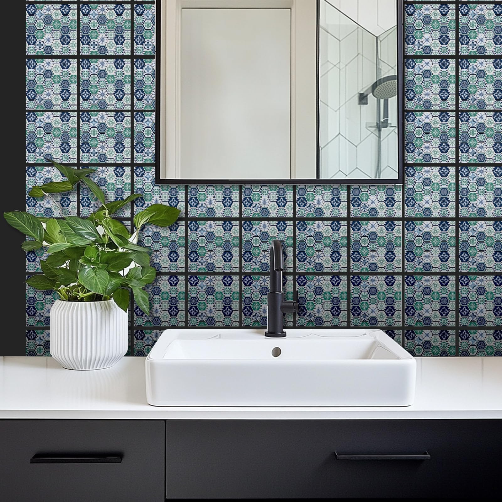 18 Pcs Blue and Green Geometric Patten Tile Sticker 6×6 Inch Bohemian Graphic…