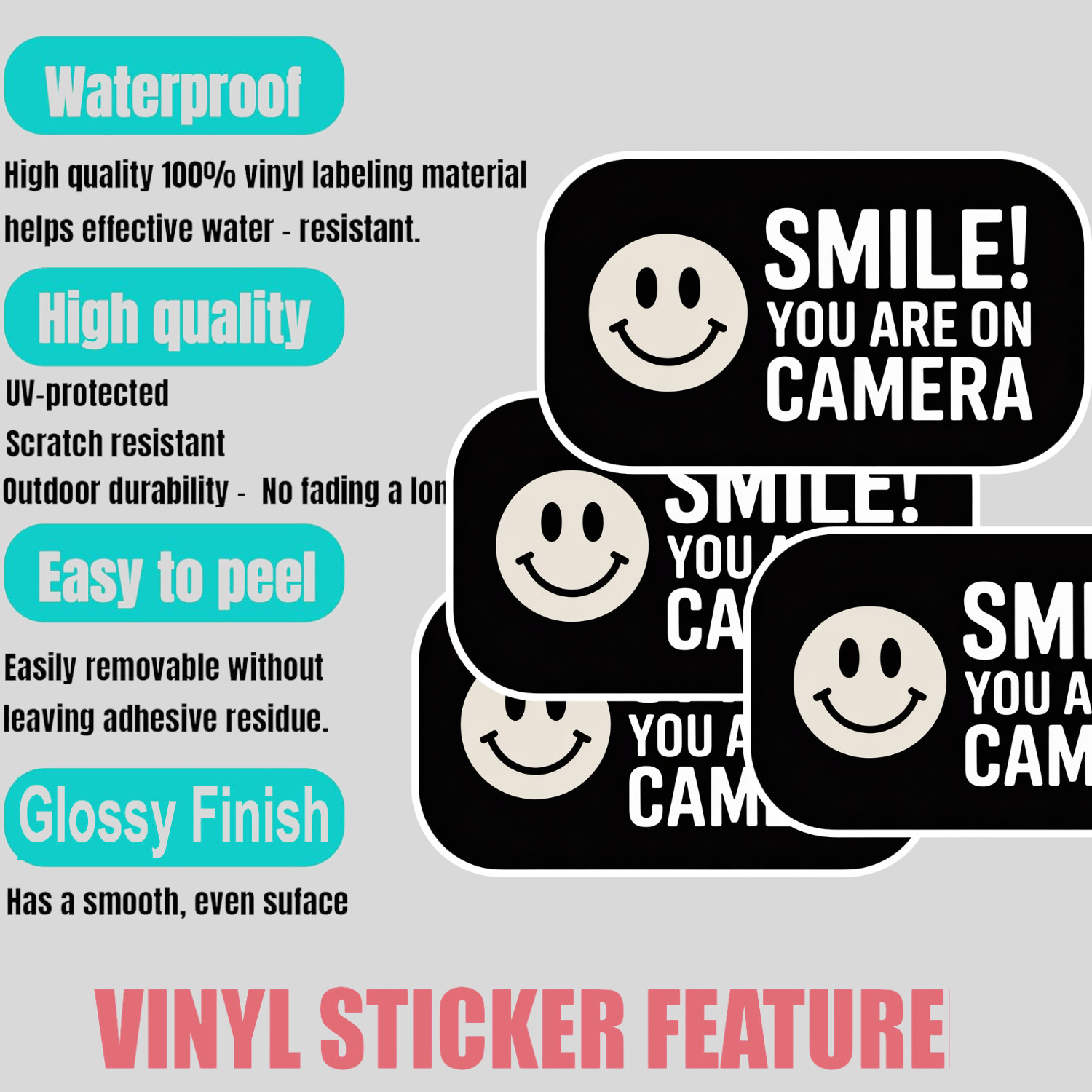 4pcs Smile You’re On Camera Stickers – Waterproof Security Warning Decals
