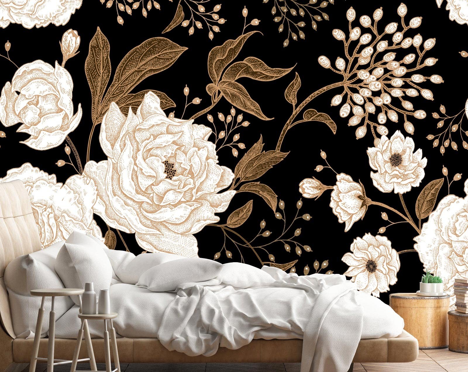 Wall Mural Peonies and Roses Floral Vintage Wallpaper Seamless Gold White Flo…
