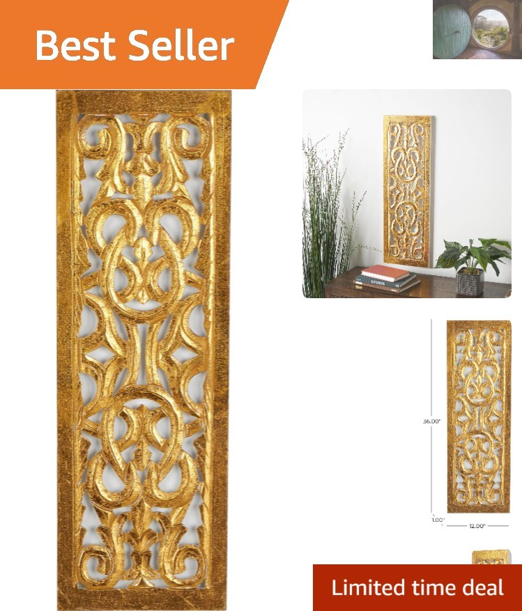 Hand-Carved Floral Wall Sculpture in Gold, 36" x 12" for Elegant Decor