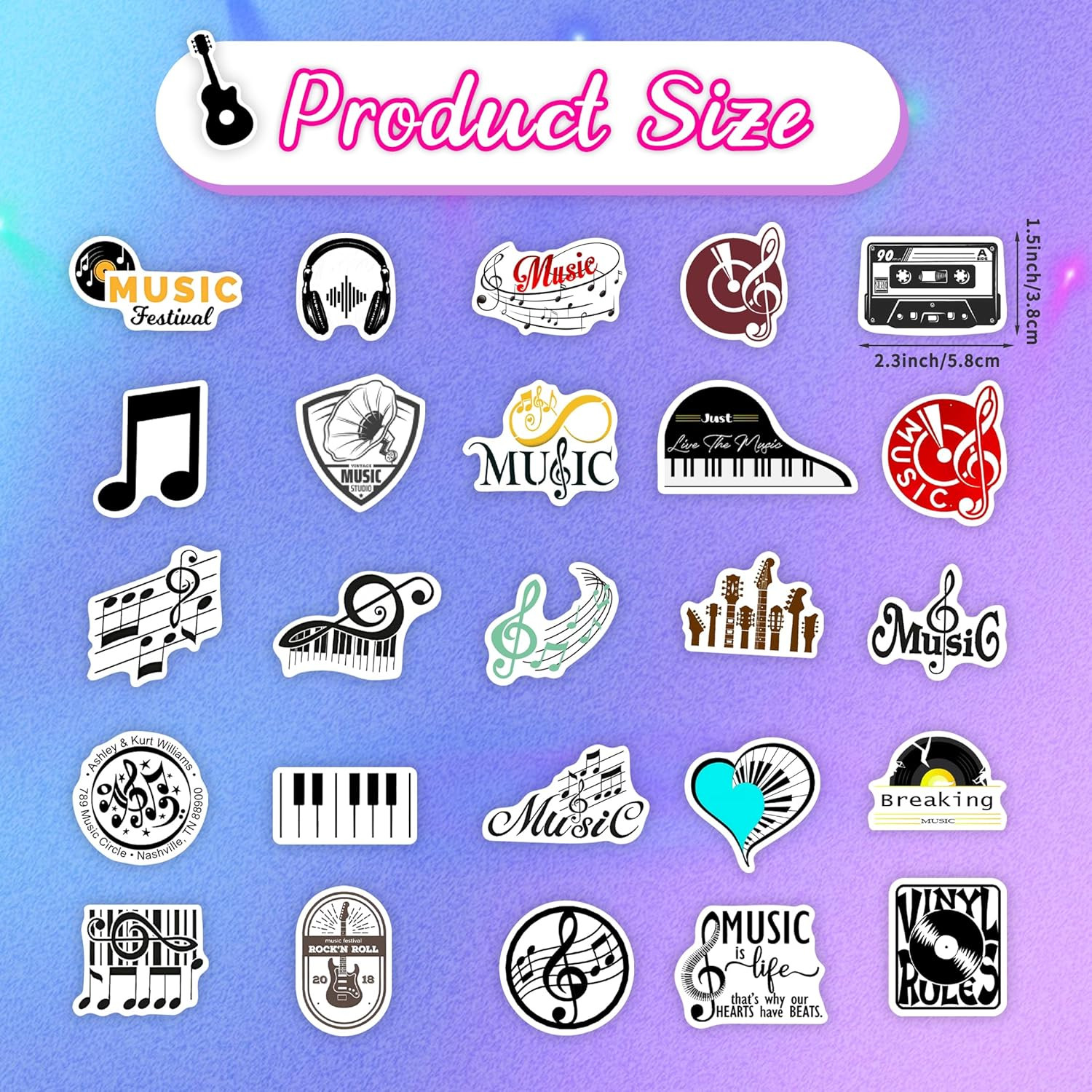 50 Pcs Music Stickers, Classic Vinyl Waterproof Decals for Water Bottles & Craft