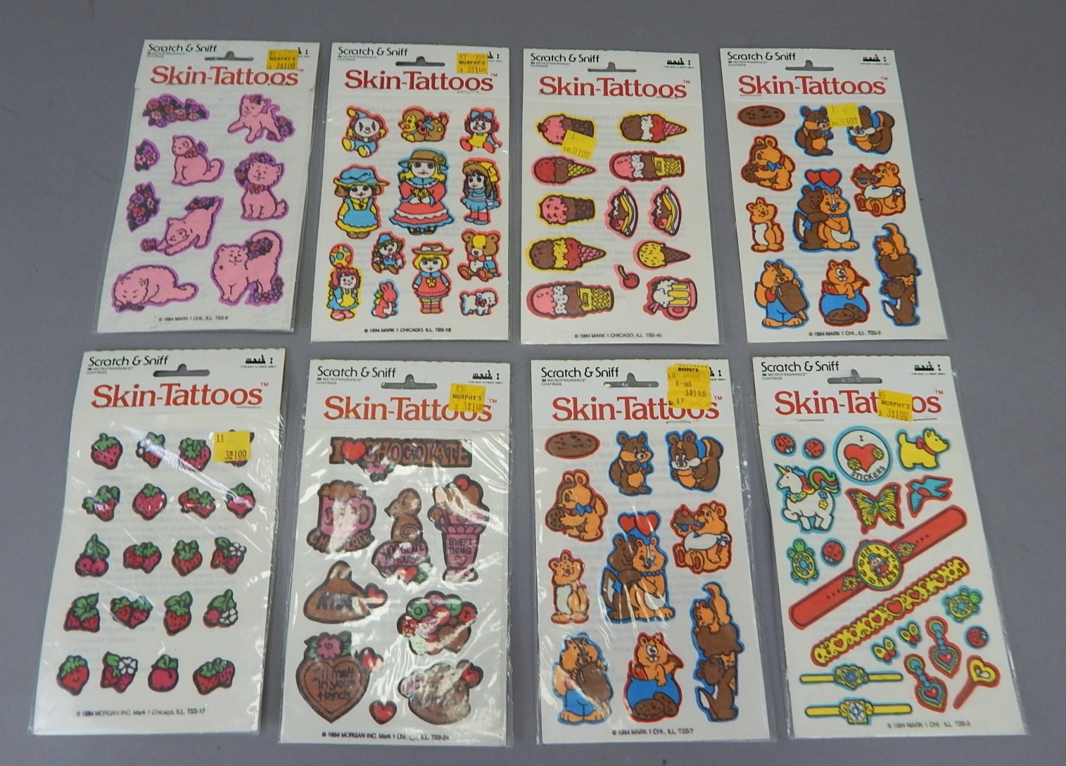 8 Packs NEW 1984 Vintage Mark Morgan Skin Tattoos Scratch Sniff Stickers animals
